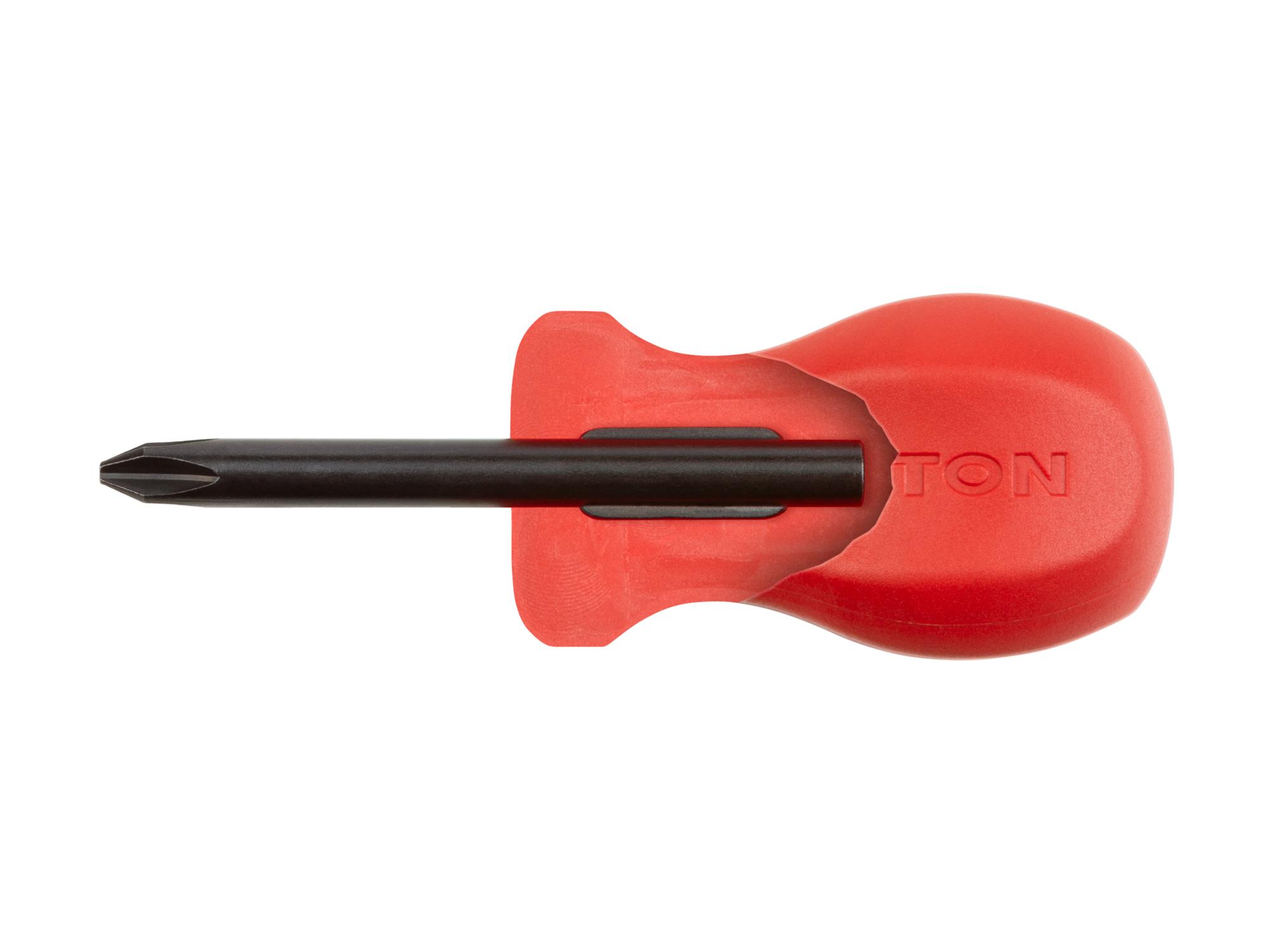 The stubby #2 Phillips screwdriver (1-1/2-inch black oxide blade) has a classic square handle made from highly durable glass-reinforced nylon.