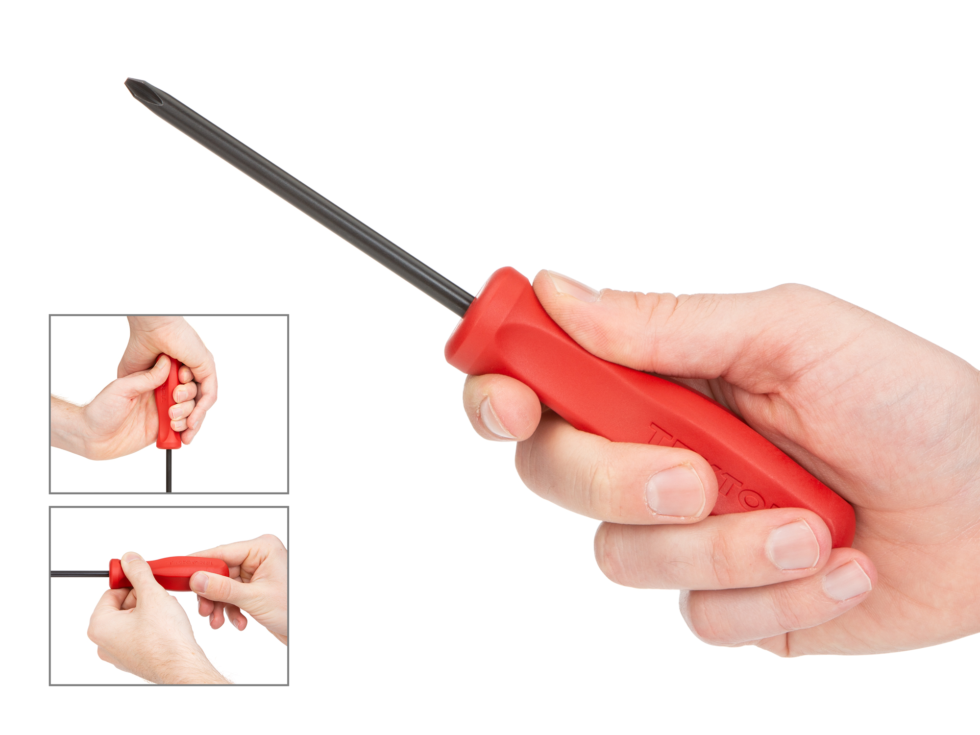 The #2 Phillips screwdriver (standard 4-inch black oxide blade) has a classic square handle made from highly durable glass-reinforced nylon.