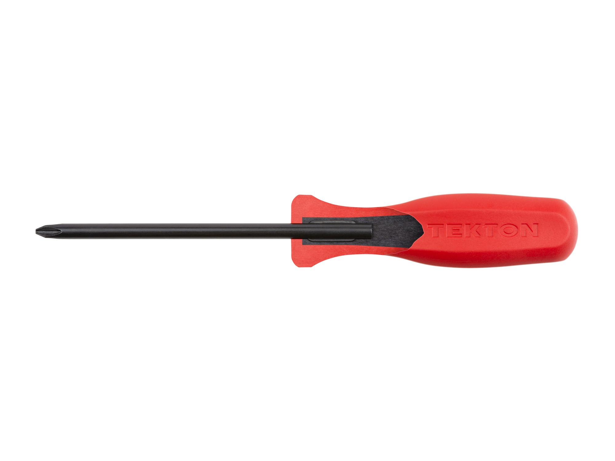 The #2 Phillips screwdriver (standard 4-inch black oxide blade) has a classic square handle made from highly durable glass-reinforced nylon.