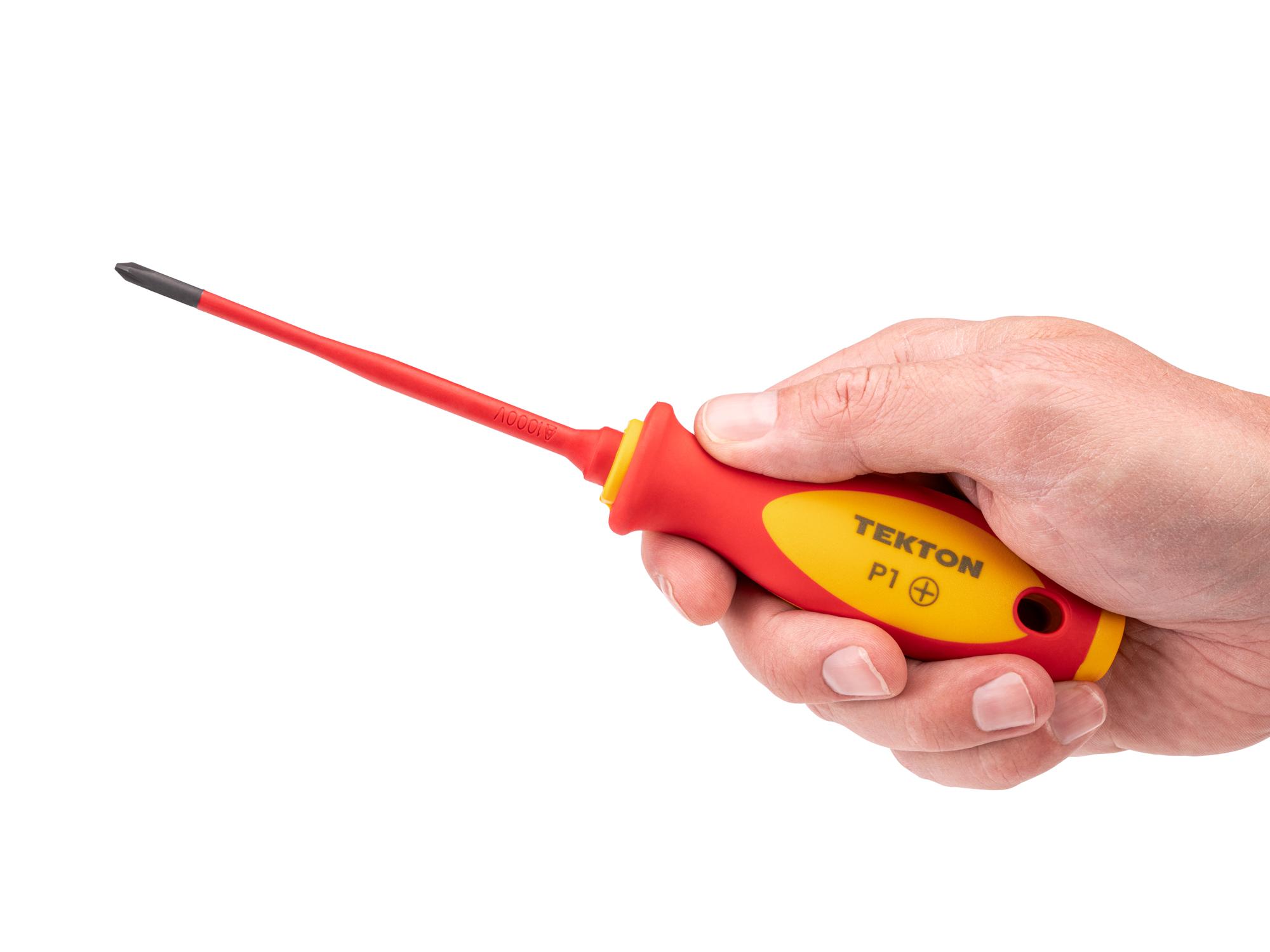Person holding Tekton 4 inch screwdriver. Item #DVP00301
