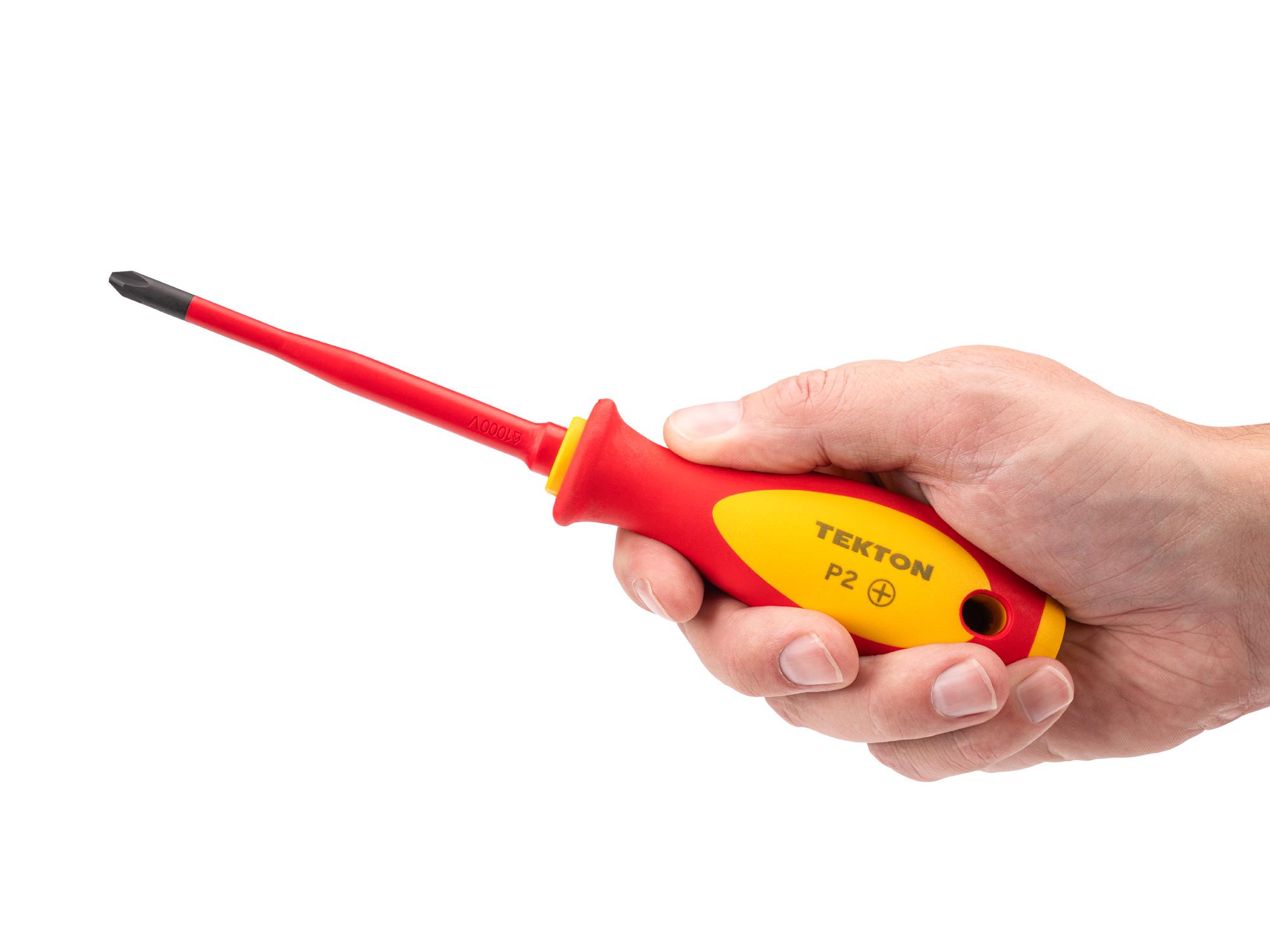Person holding Tekton 4 inch screwdriver. Item #DVP00302