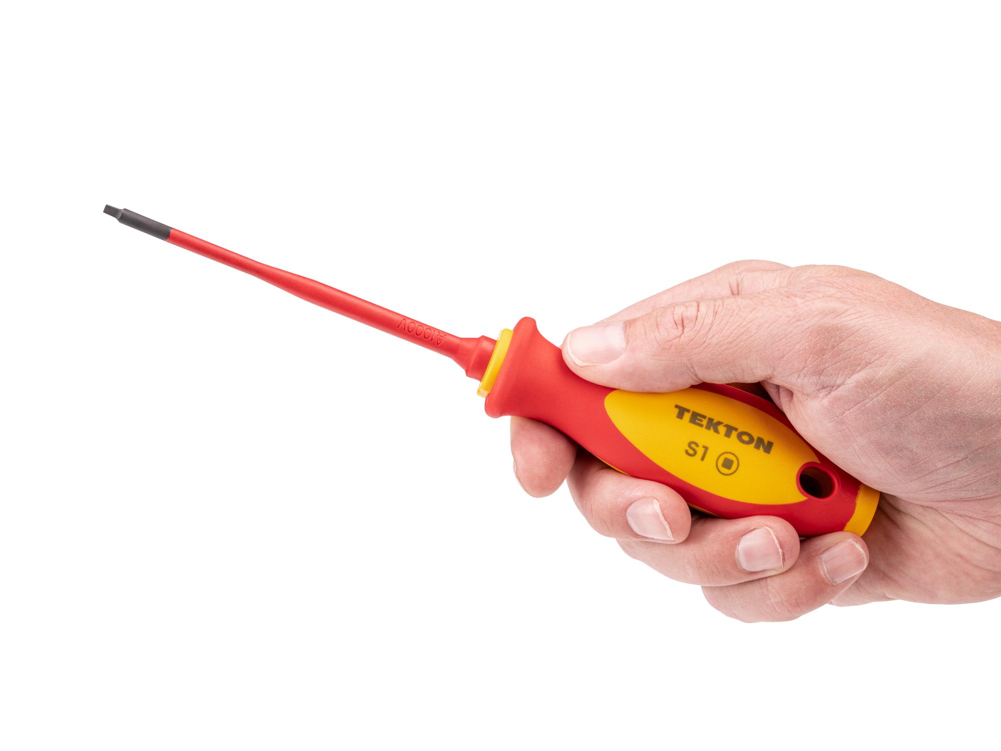 Person holding Tekton 4 inch screwdriver. Item #DVQ01301