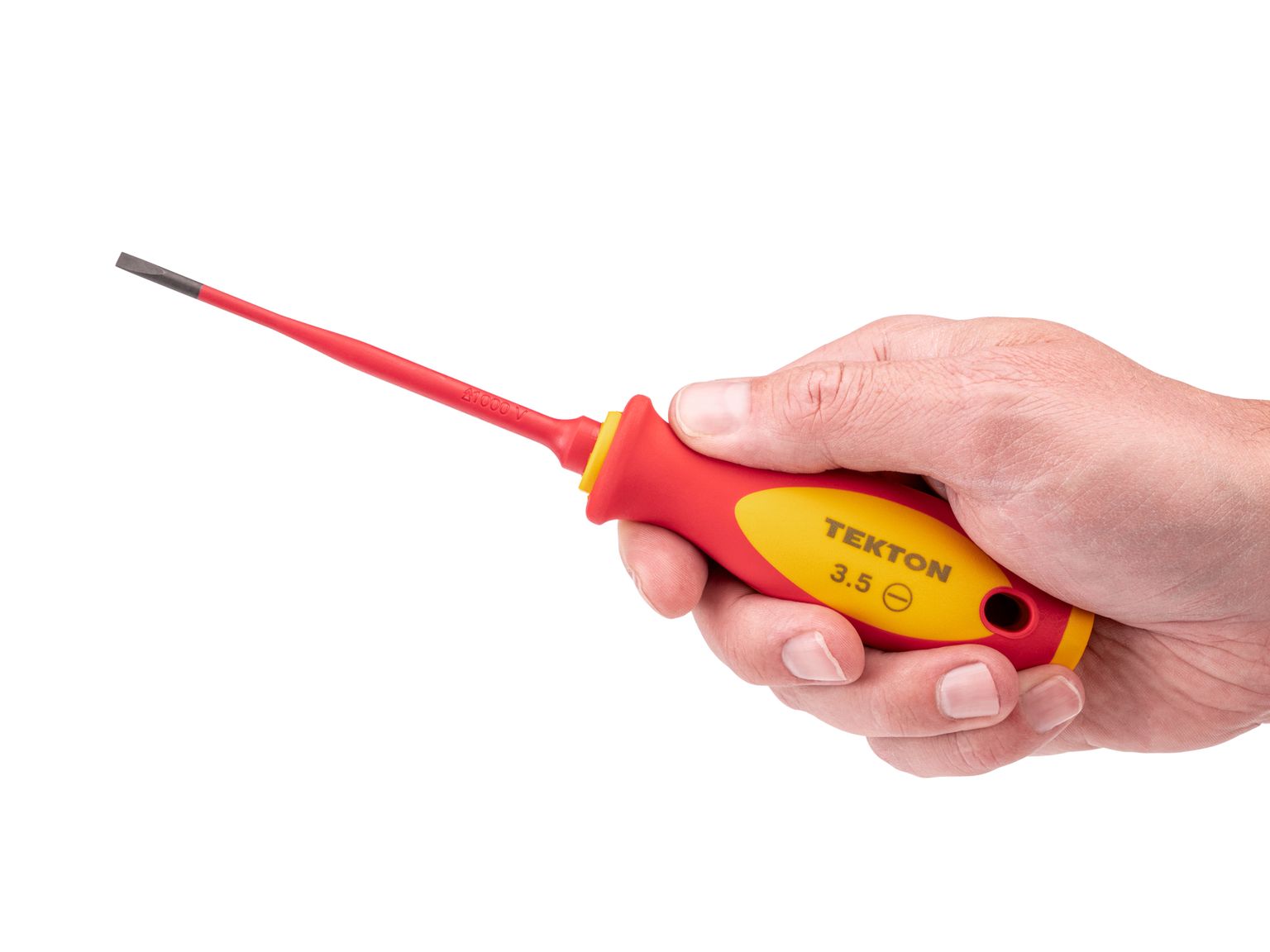 Person holding Tekton 3.5 millimeter screwdriver set. Item #DVS01307