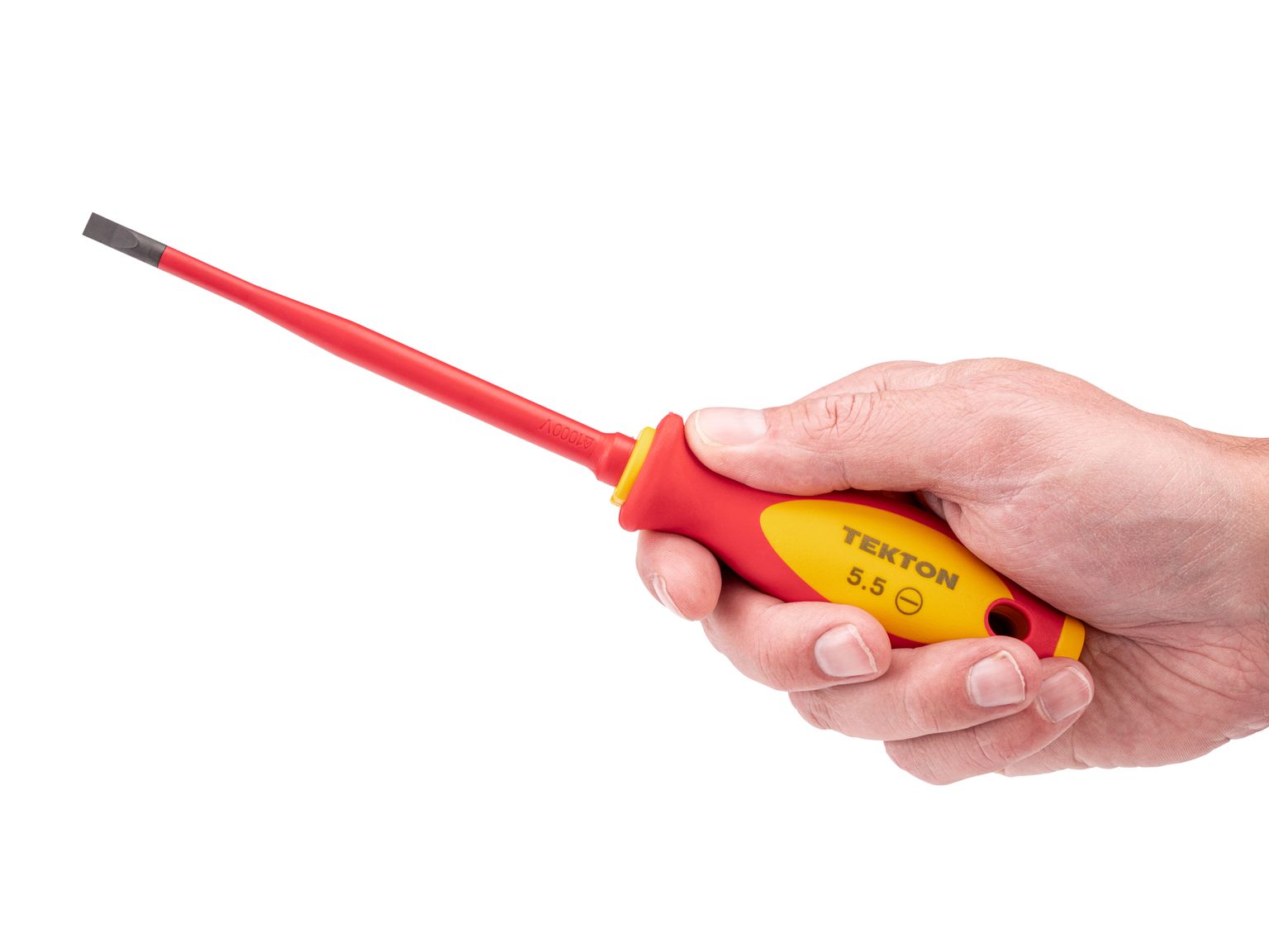 Person holding Tekton 5.5 millimeter screwdriver set. Item #DVS01311