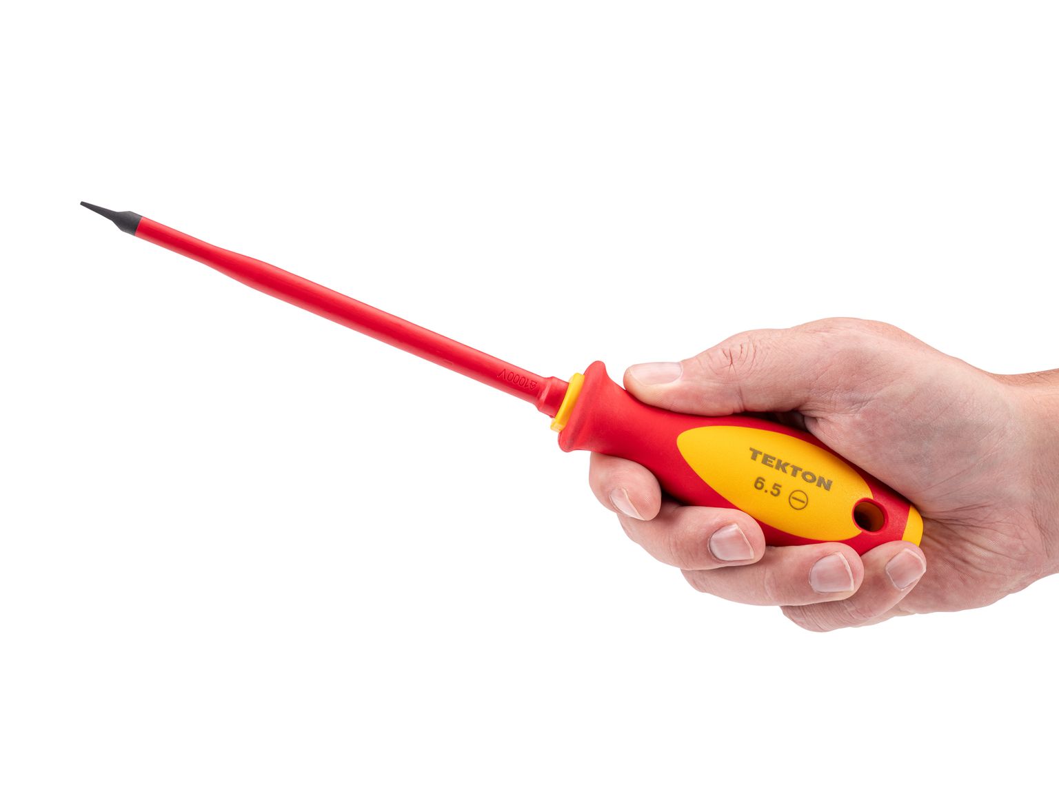 Person holding Tekton 6.5 millimeter screwdriver set. Item #DVS01313