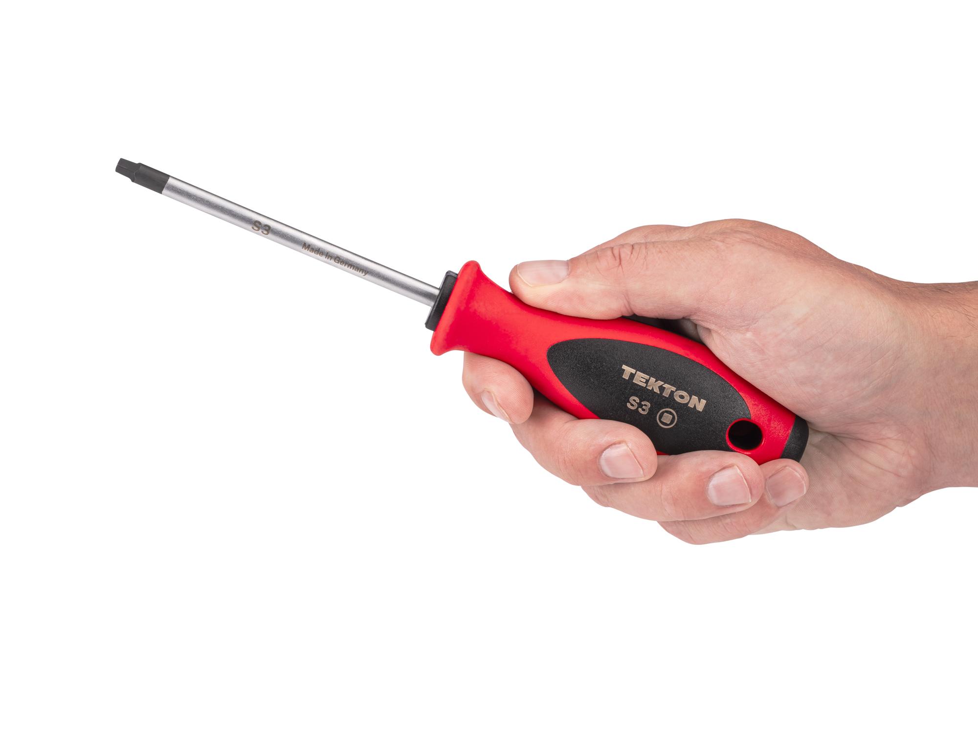 Person holding Tekton 4 inch screwdriver. Item #DWQ01303