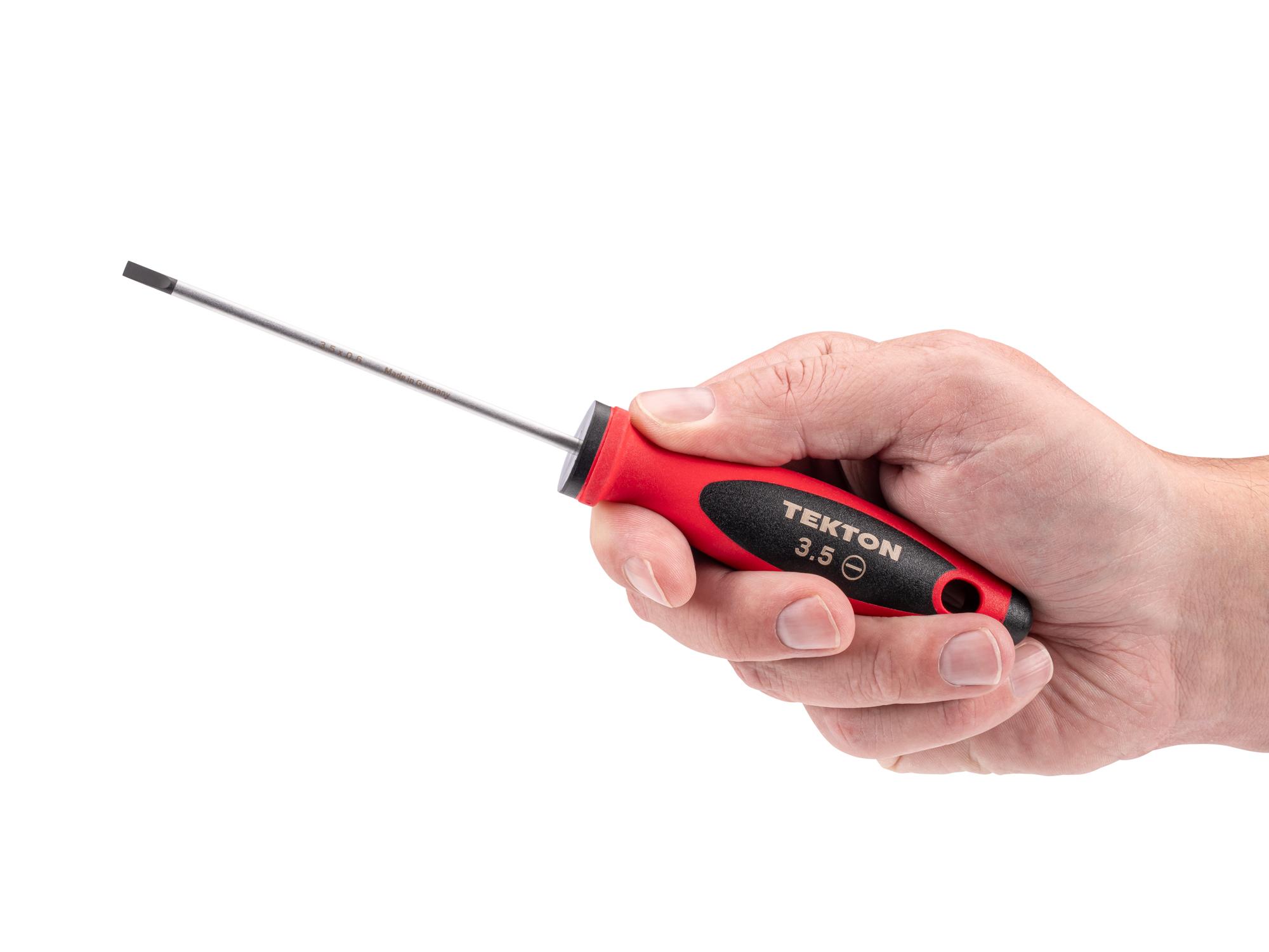 Person holding Tekton 4 inch screwdriver. Item #DWS01307