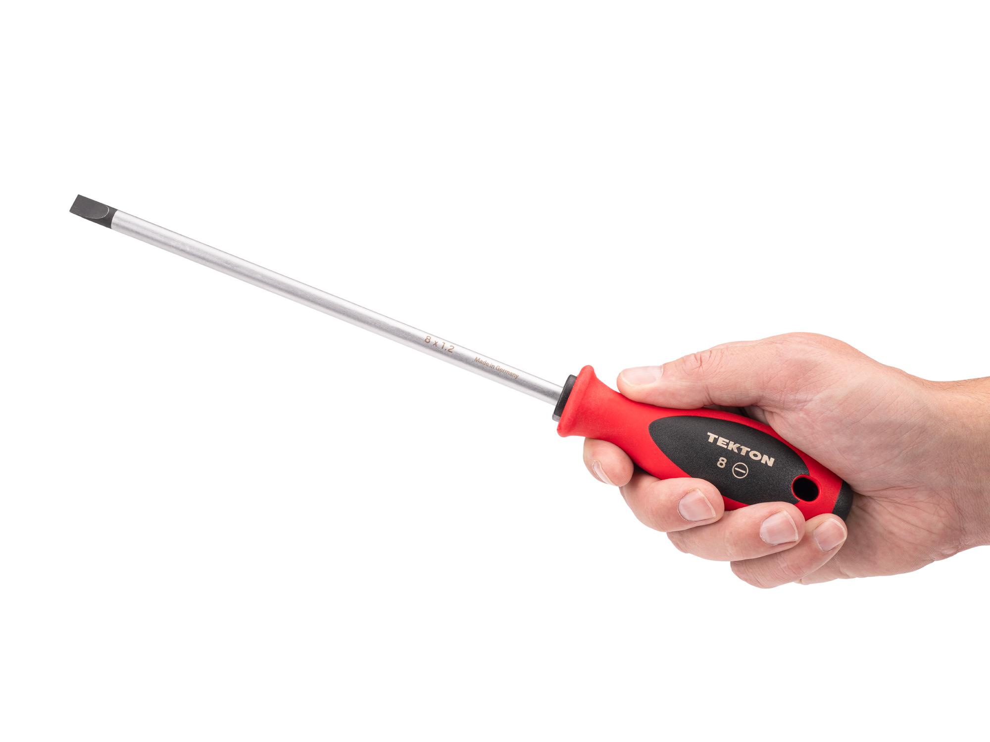 Person holding Tekton 8 inch screwdriver. Item #DWS01416