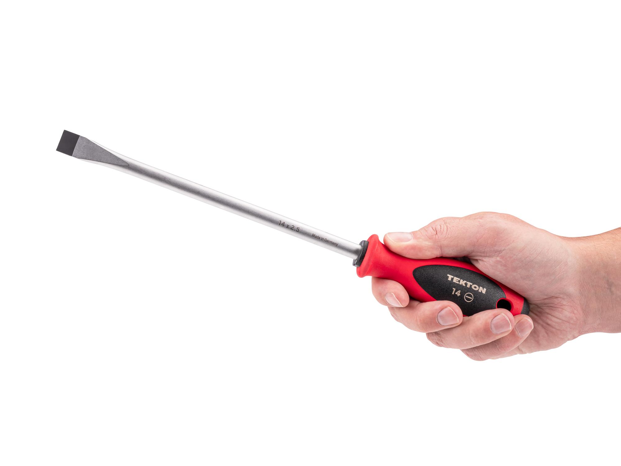 Person holding Tekton 8 inch screwdriver. Item #DWS01428