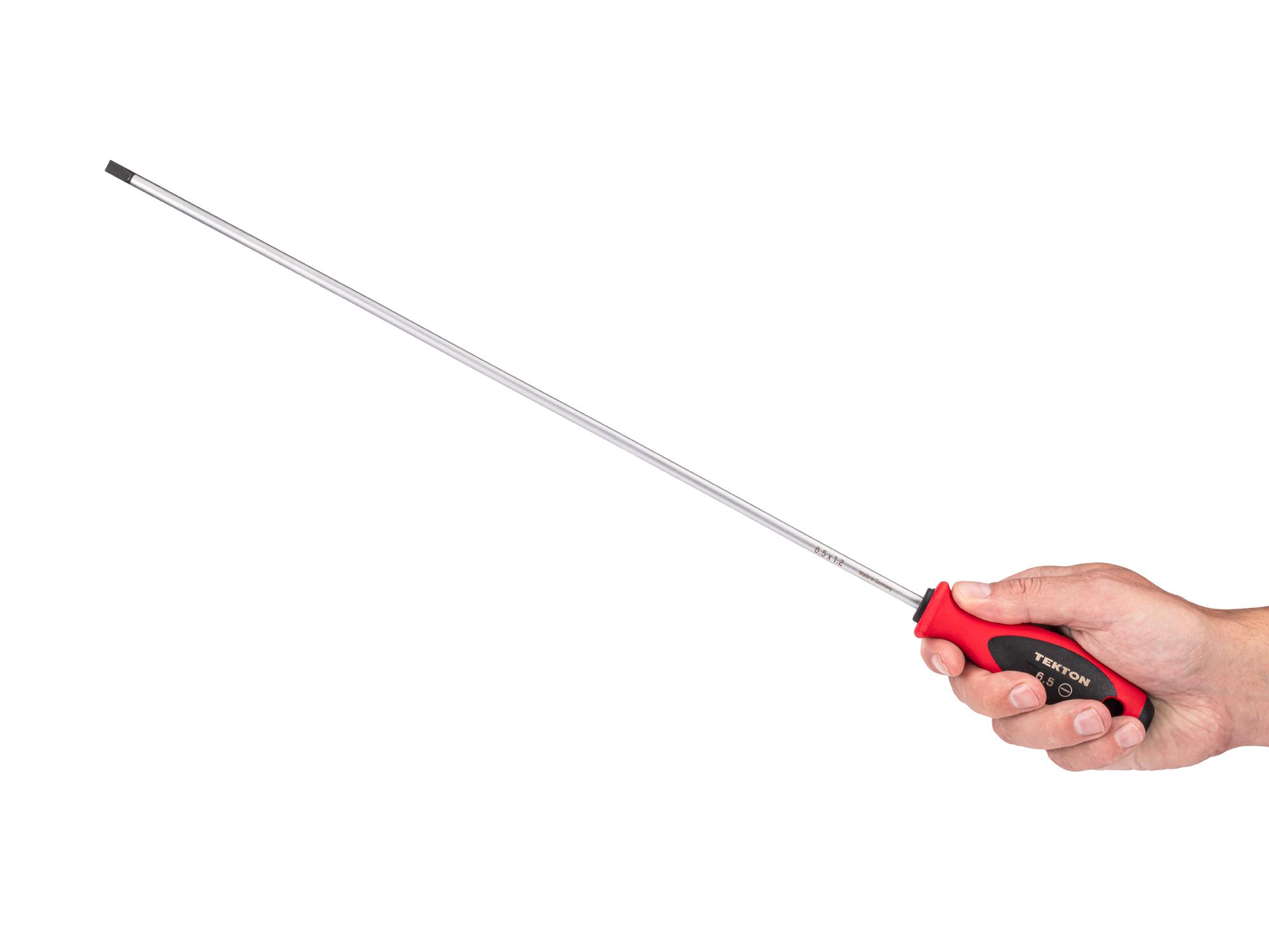 Person holding Tekton 18 inch screwdriver. Item #DWS01613