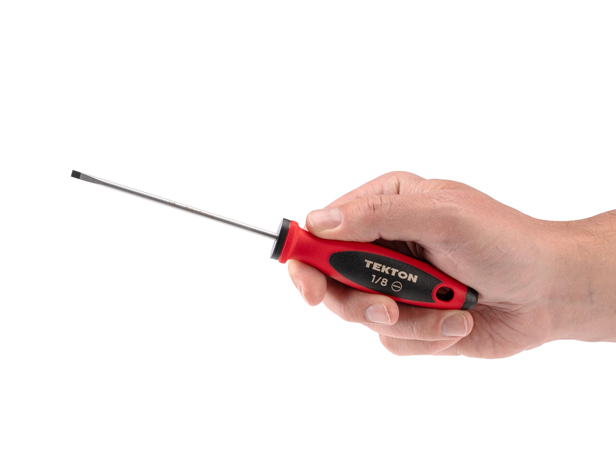 Person holding Tekton 4 inch screwdriver. Item #DWS07308
