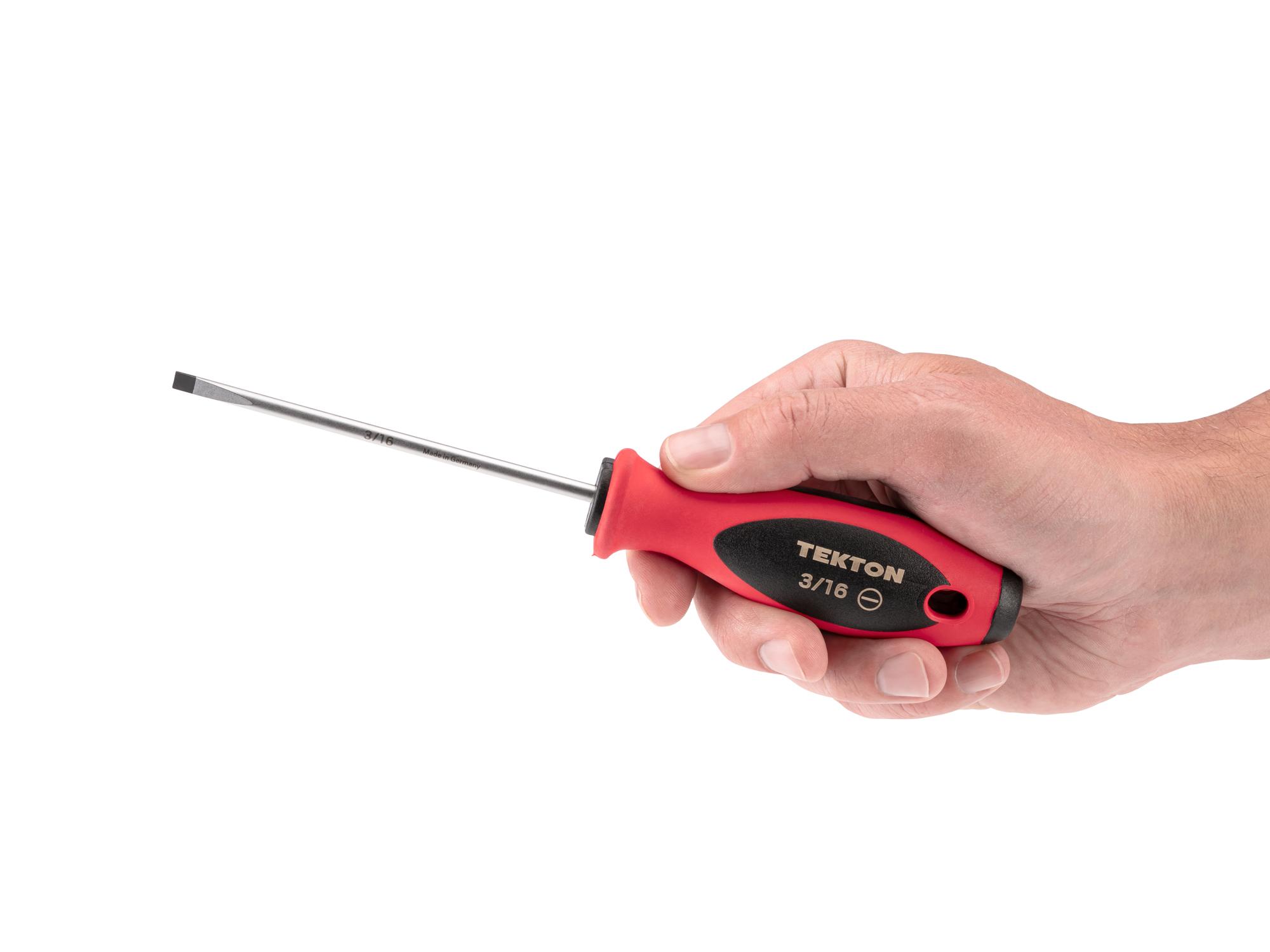 Person holding Tekton 4 inch screwdriver. Item #DWS07312
