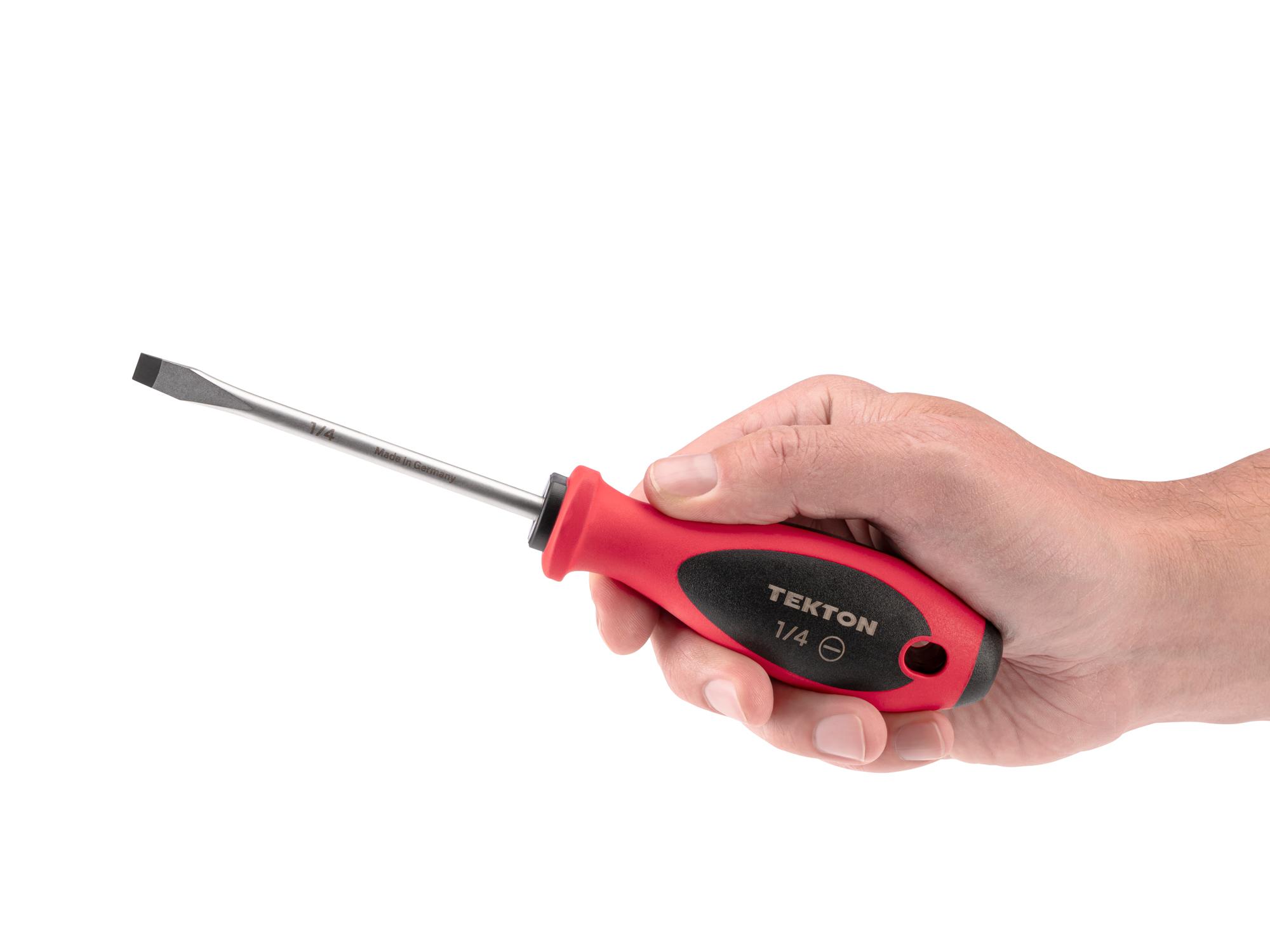 Person holding Tekton 4 inch screwdriver. Item #DWS07316