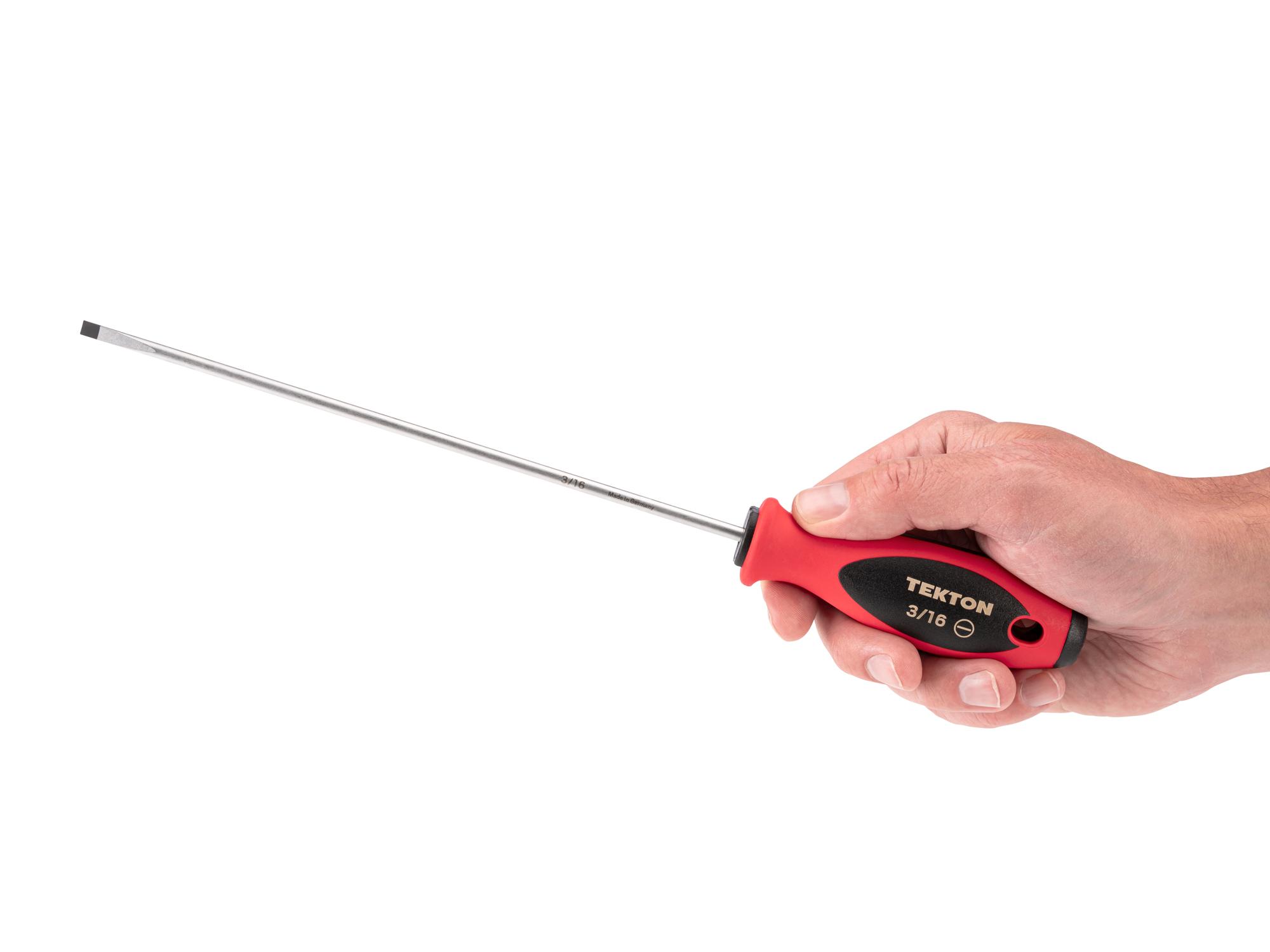 Person holding Tekton 8 inch screwdriver. Item #DWS07412