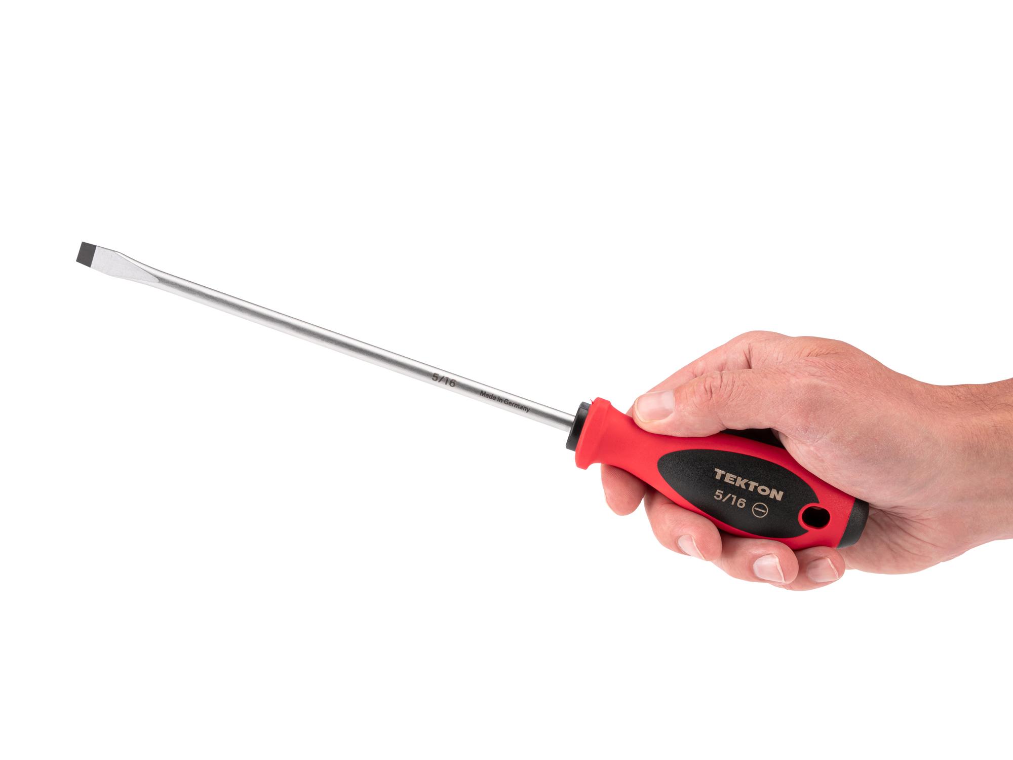 Person holding Tekton 8 inch screwdriver. Item #DWS07420