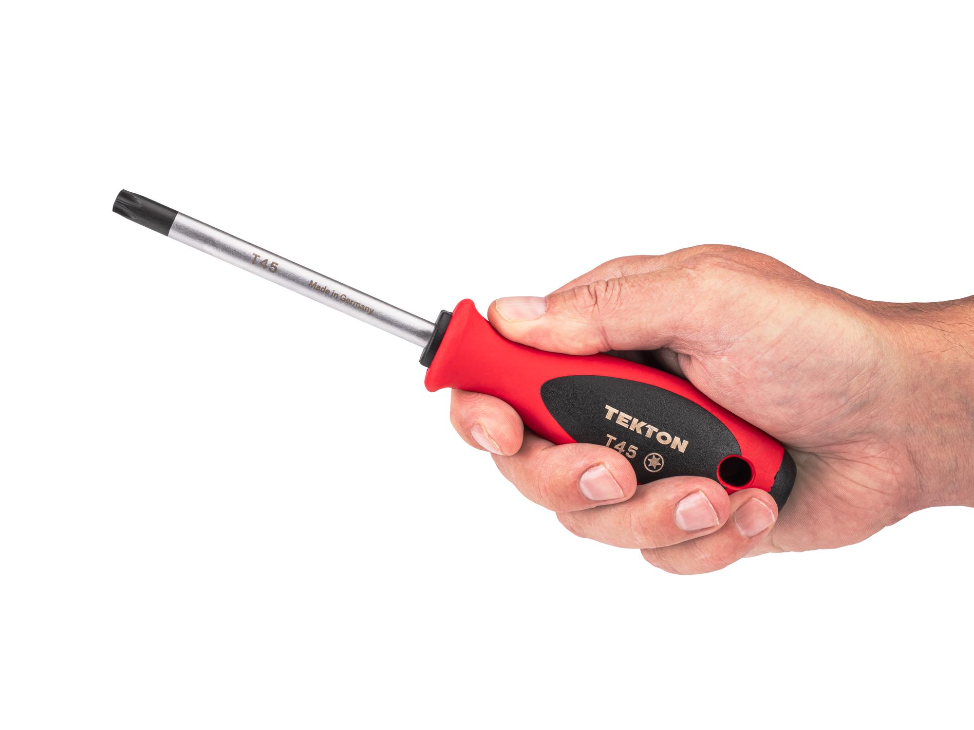 Person holding Tekton 4 inch screwdriver. Item #DWT01345