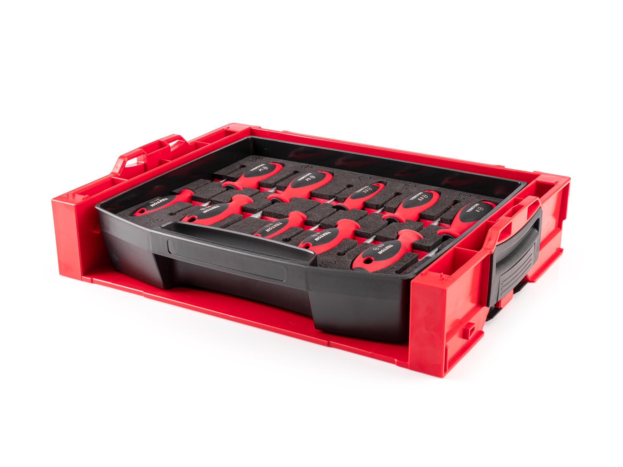 Front-right angle view of Tekton 4 inch screwdriver set. Item #DWZ90600