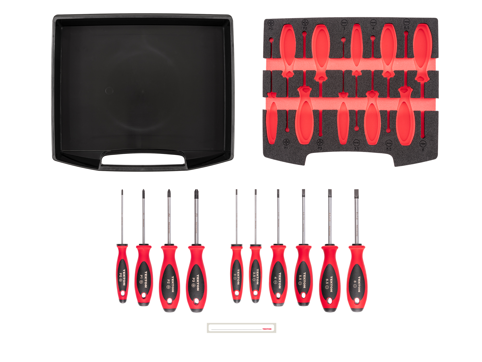 TEKTON Phillips and Slotted Screwdriver Set with Open Top Drawer and Rack - 4 Inch Shanks, 10-Piece (#0-#3, 3-8 mm)