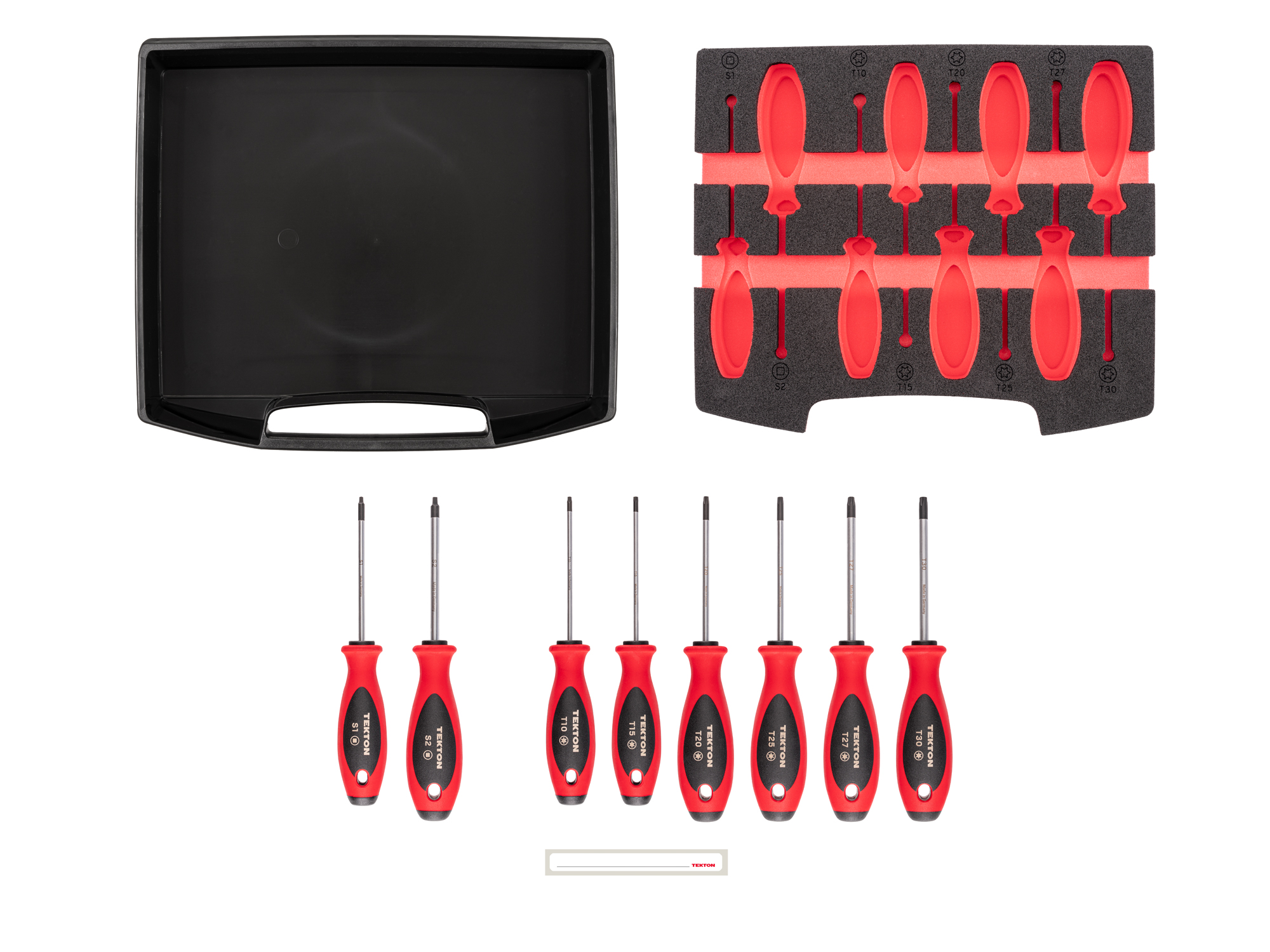 TEKTON Phillips, Slotted, Torx, Square Screwdriver Set with Open Top Drawer and Rack - 4 Inch Shanks, 18-Piece (#0-#3, 3-8 mm, T10-T30, #1-#2)