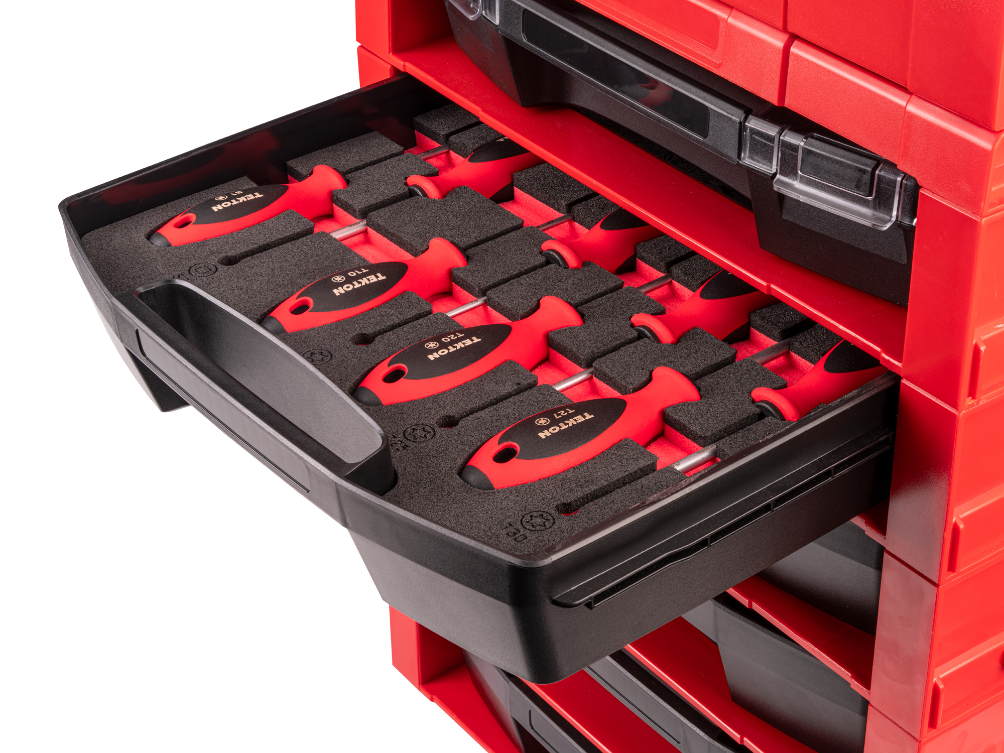TEKTON Square and Torx Screwdriver Set with Open Top Drawer and Rack - 4 Inch Shanks, 8-Piece (T10-T30, #1-#2)