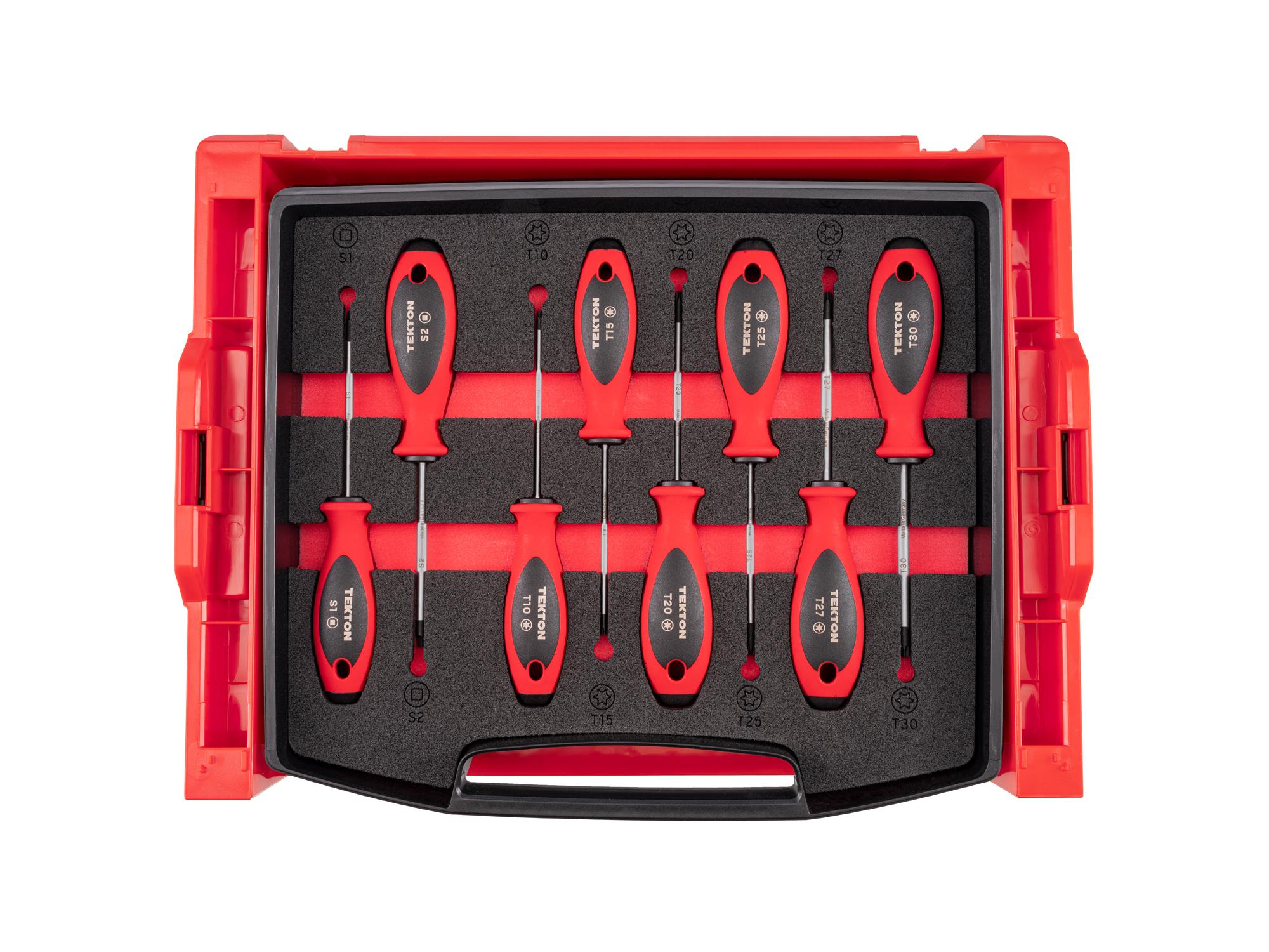 Square and Torx Screwdriver Set with Open Top Drawer and Rack - 4 Inch Shanks (8-Piece)