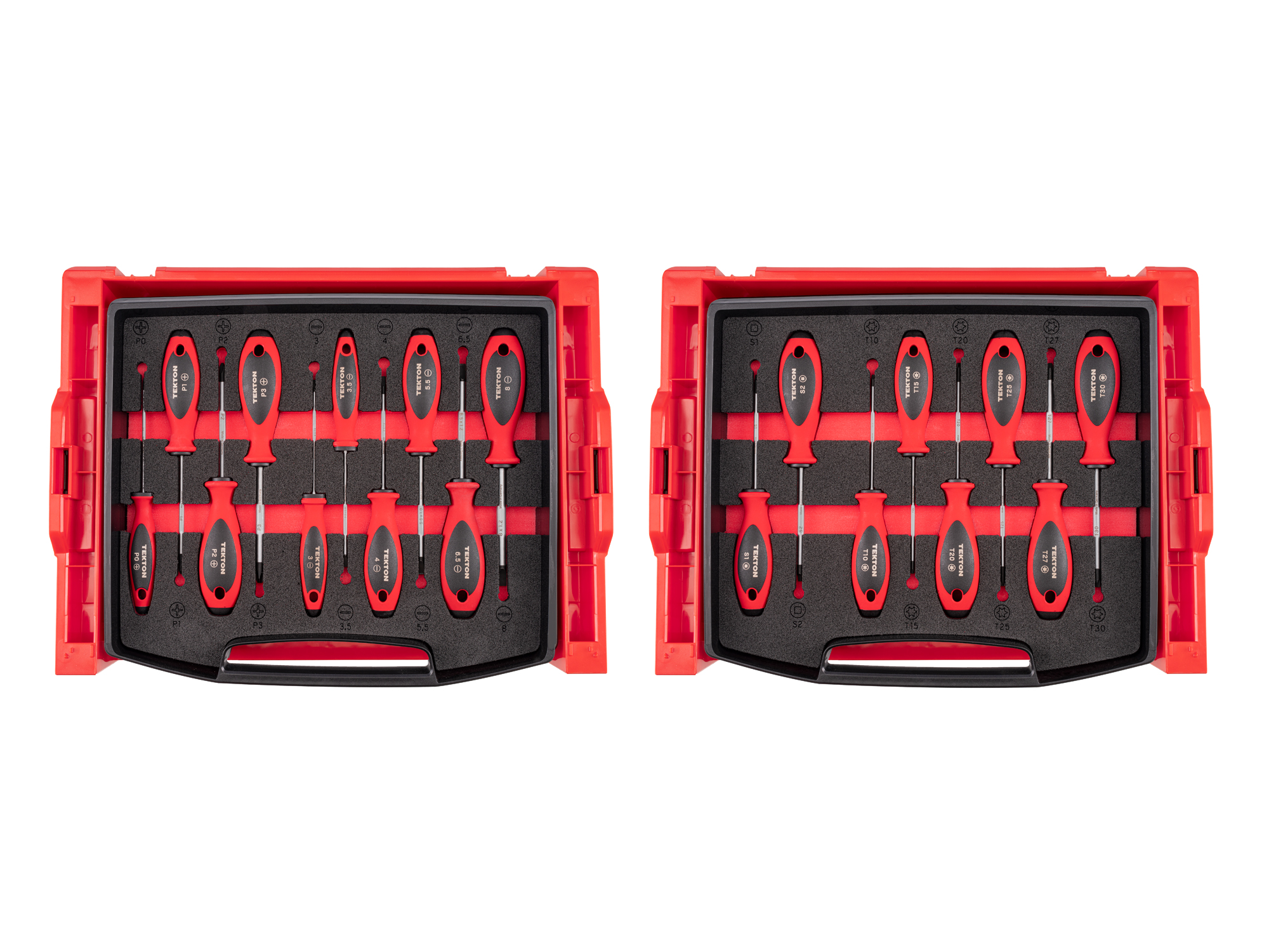 TEKTON Phillips, Slotted, Torx, Square Screwdriver Set with Open Top Drawer and Rack - 4 Inch Shanks, 18-Piece (#0-#3, 3-8 mm, T10-T30, #1-#2)