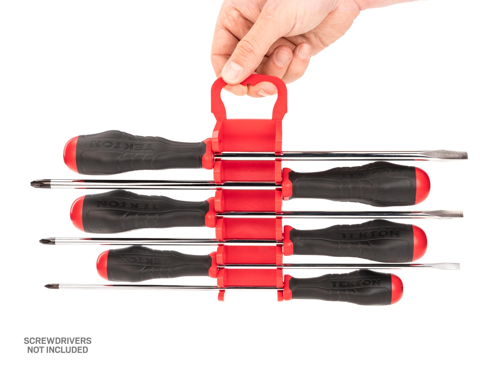 Person holding red Tekton holder screwdriver organization. Item #ODH11101