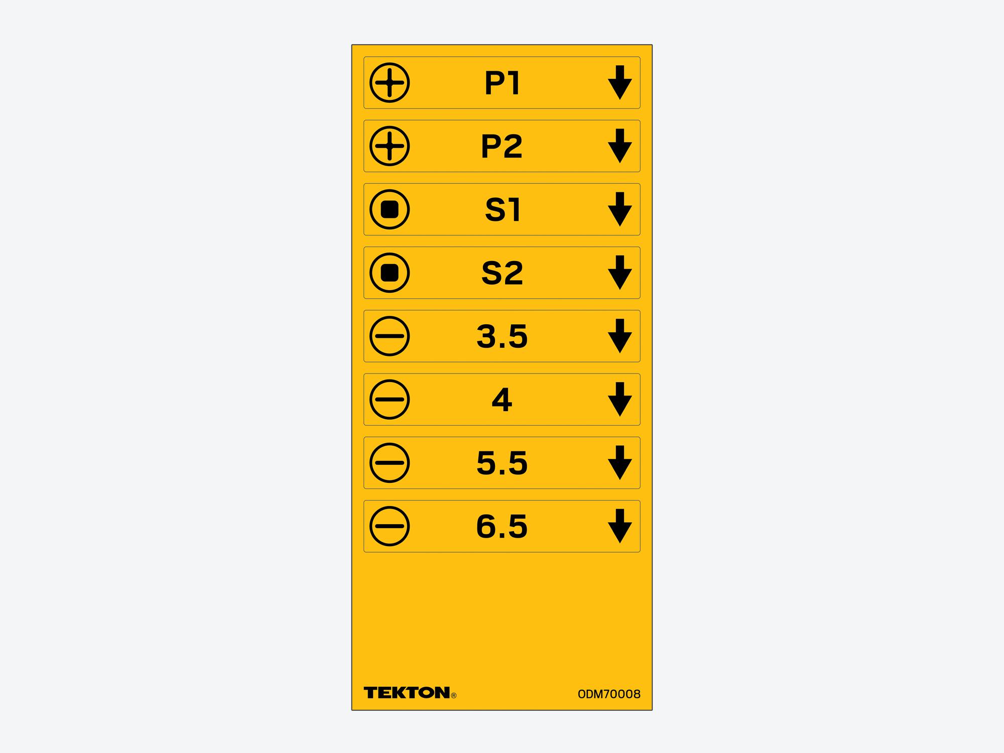 Modular Driver Organizer Label Sheet, Insulated (P1 - P2, S1 - S2, 3.5 - 6.5 mm)
