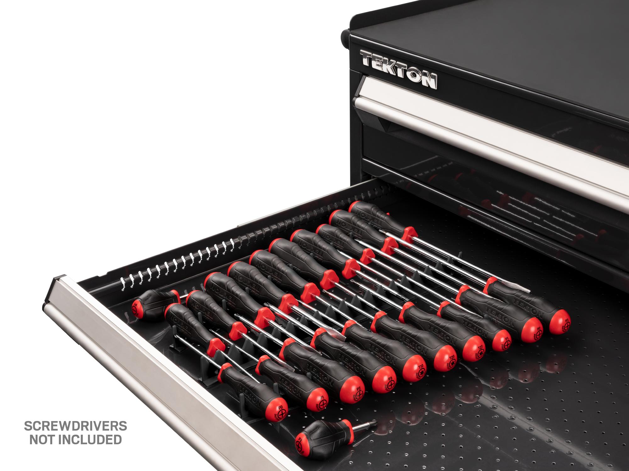 Front angled view of Tekton rail screwdriver in a tool cabinet drawer. Item #ODR12201
