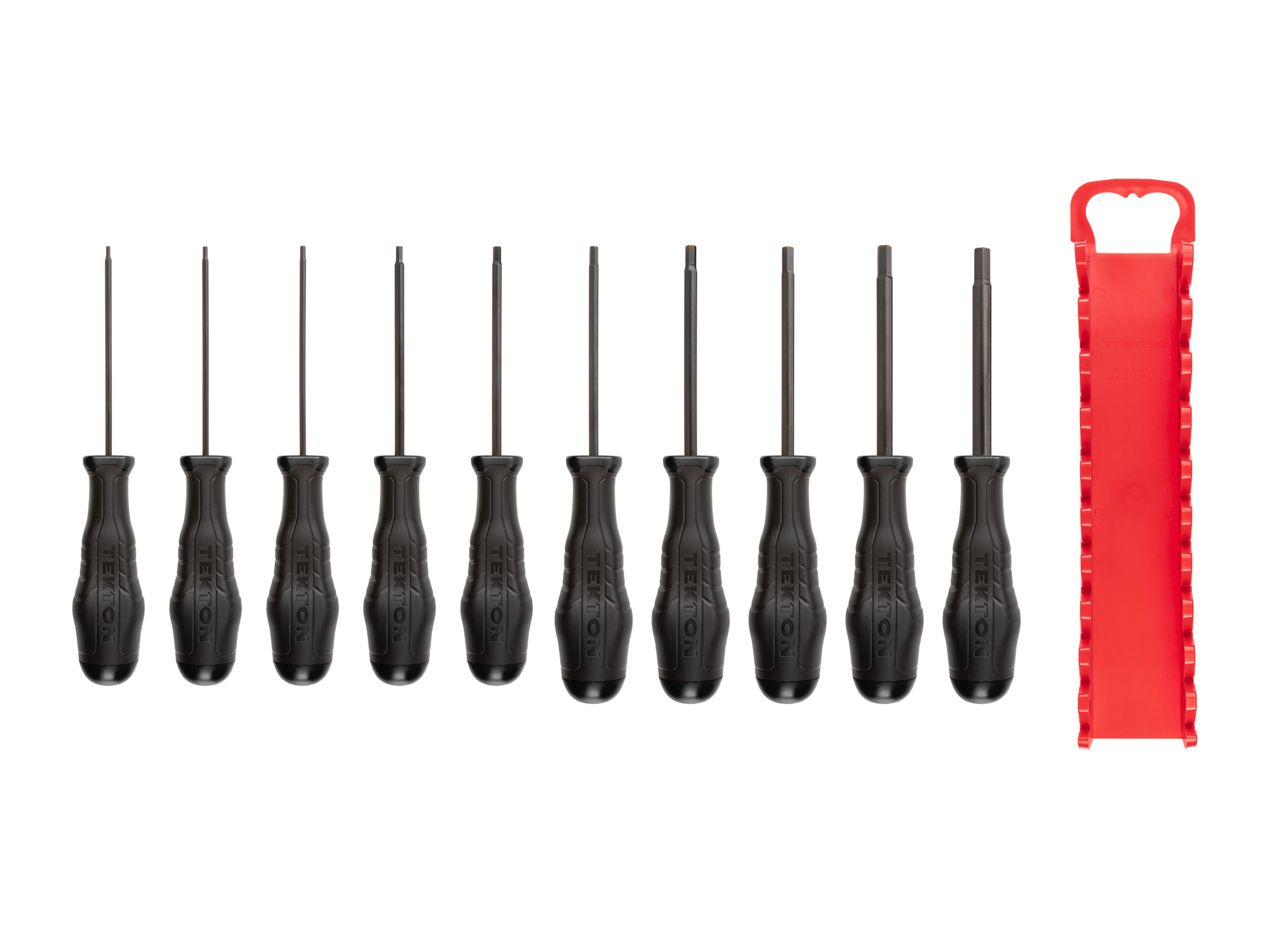 Includes: 5/64, 3/32, 7/64, 1/8, 9/64, 5/32, 3/16, 7/32, 1/4, 5/16 in. Hex screwdrivers with holder. Black oxide blades and our patented ergonomic handle.#DHX92101.