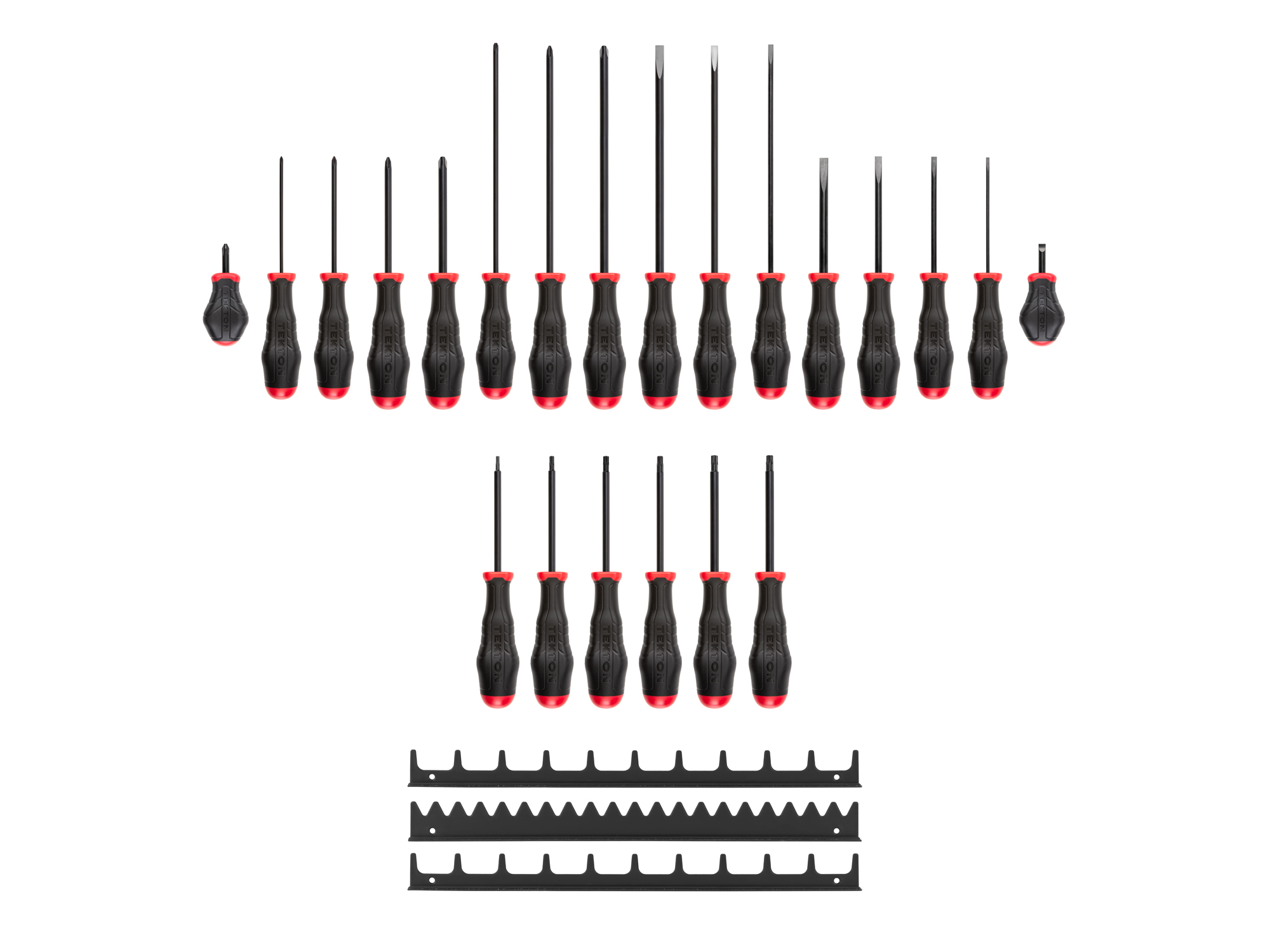 Includes: #0-#3 (Phillips), 1/8-5/16 inch (slotted/flathead), T10-30 (Torx) black oxide screwdrivers with black rails. High-torque handles. Made in USA.