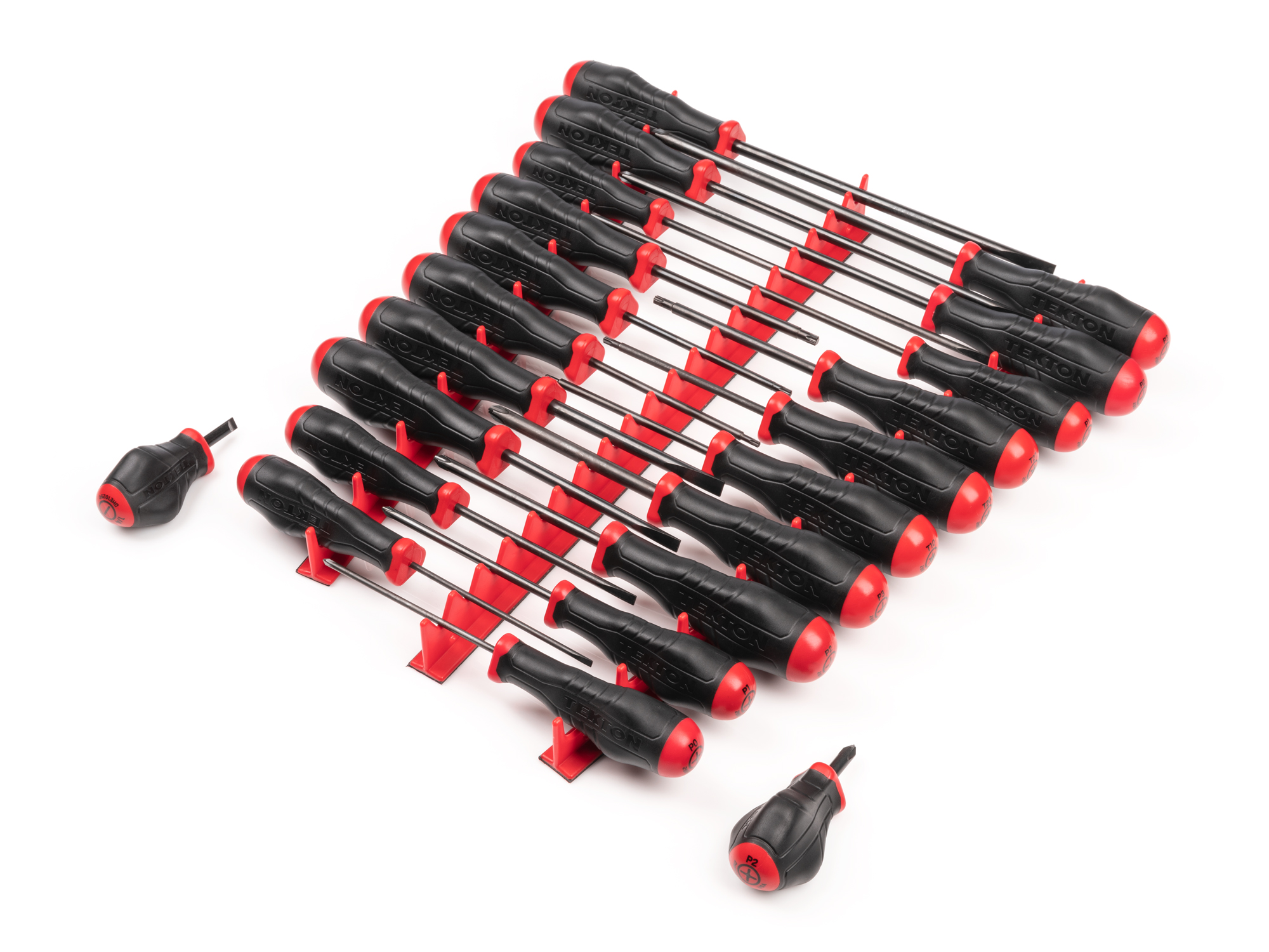 Includes: #0-#3 (Phillips), 1/8-5/16 inch (slotted/flathead), T10-30 (Torx) black oxide screwdrivers with red rails. High-torque handles. Made in USA.