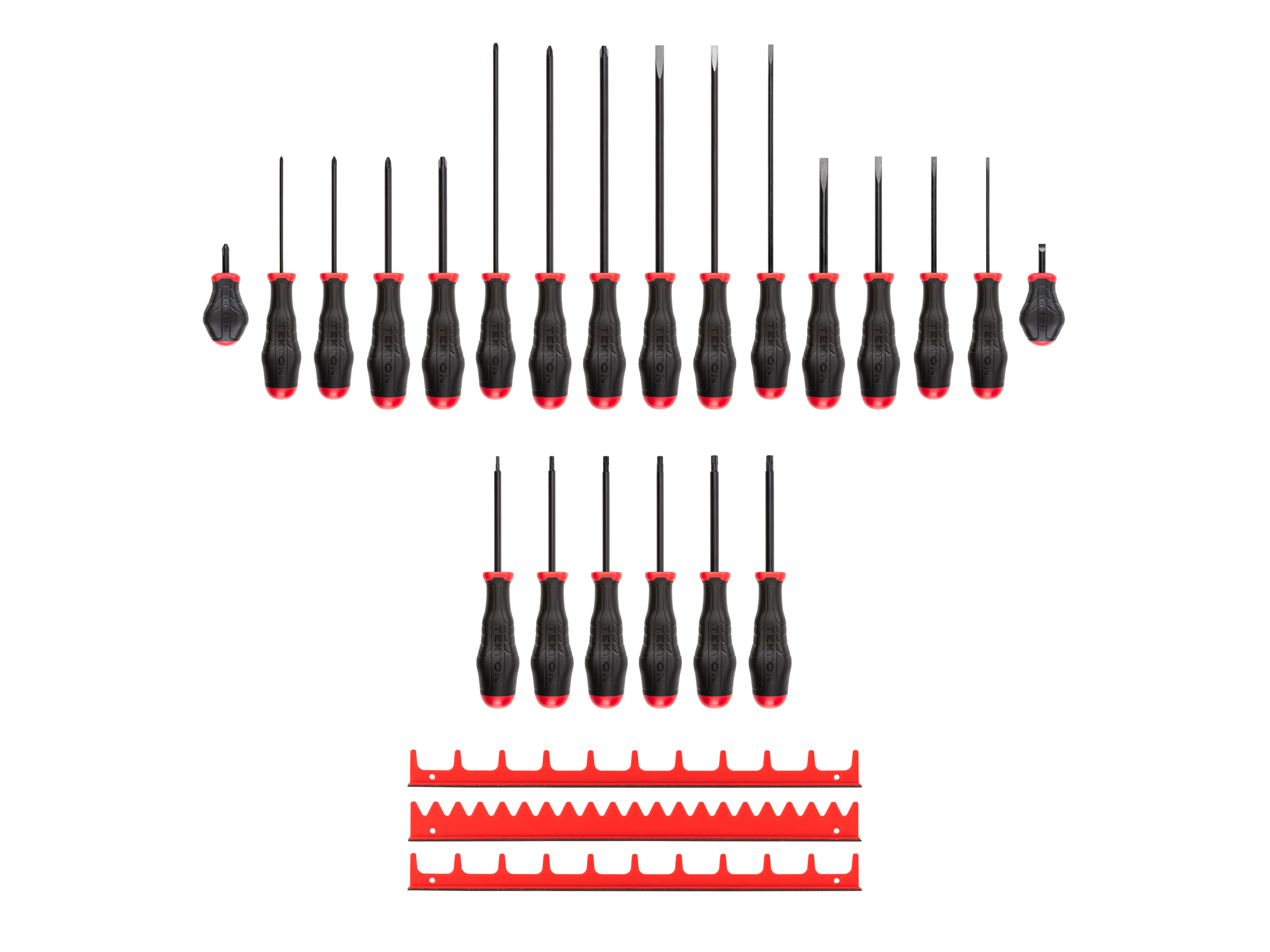 Includes: #0-#3 (Phillips), 1/8-5/16 inch (slotted/flathead), T10-30 (Torx) black oxide screwdrivers with red rails. High-torque handles. Made in USA.