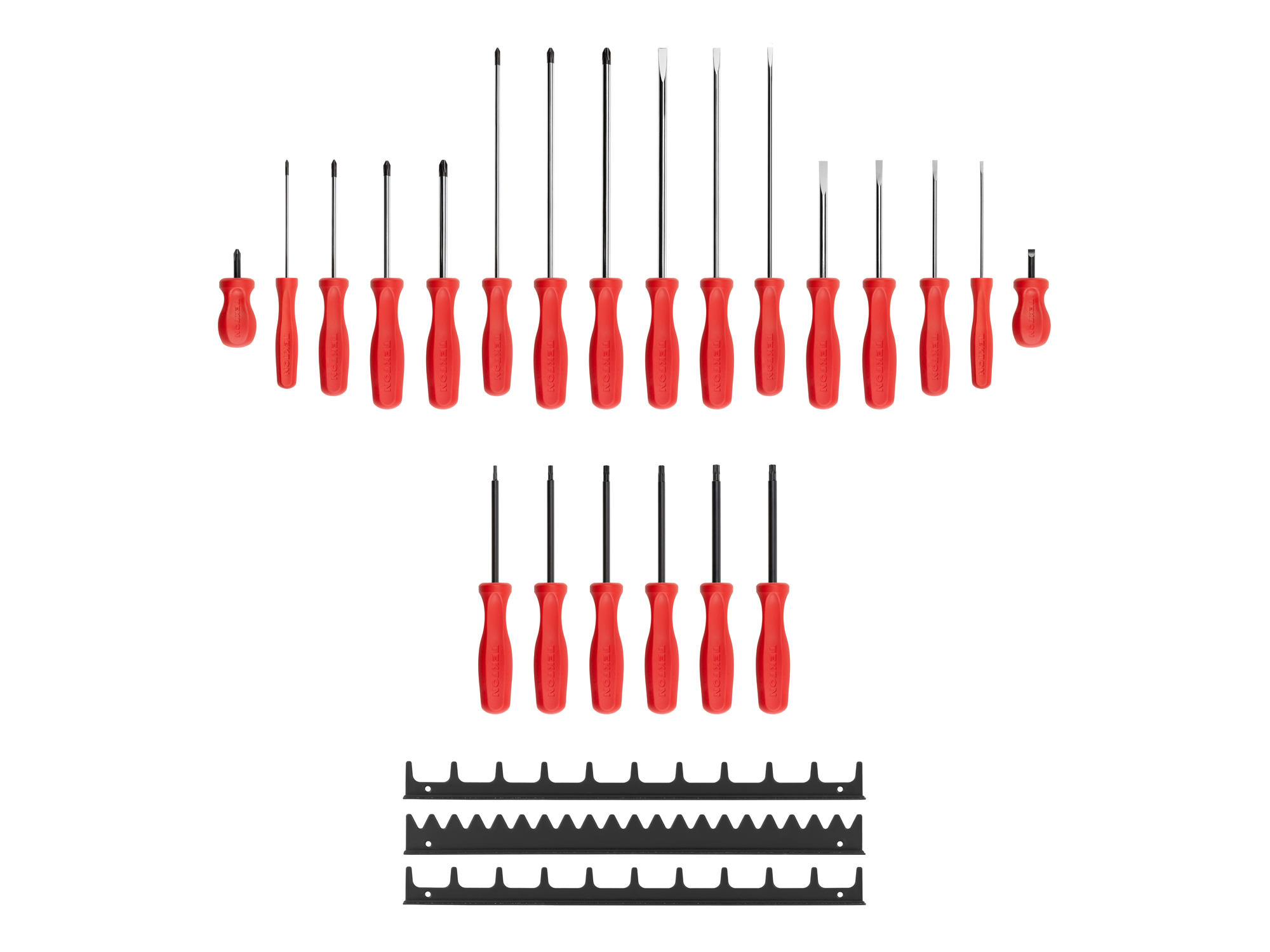 Includes: #0-3 (Phillips), 1/8-5/16 inch (slotted/flathead), T10-T30 (Torx) screwdrivers with black rails. Chrome blades and square handle. Made in USA.