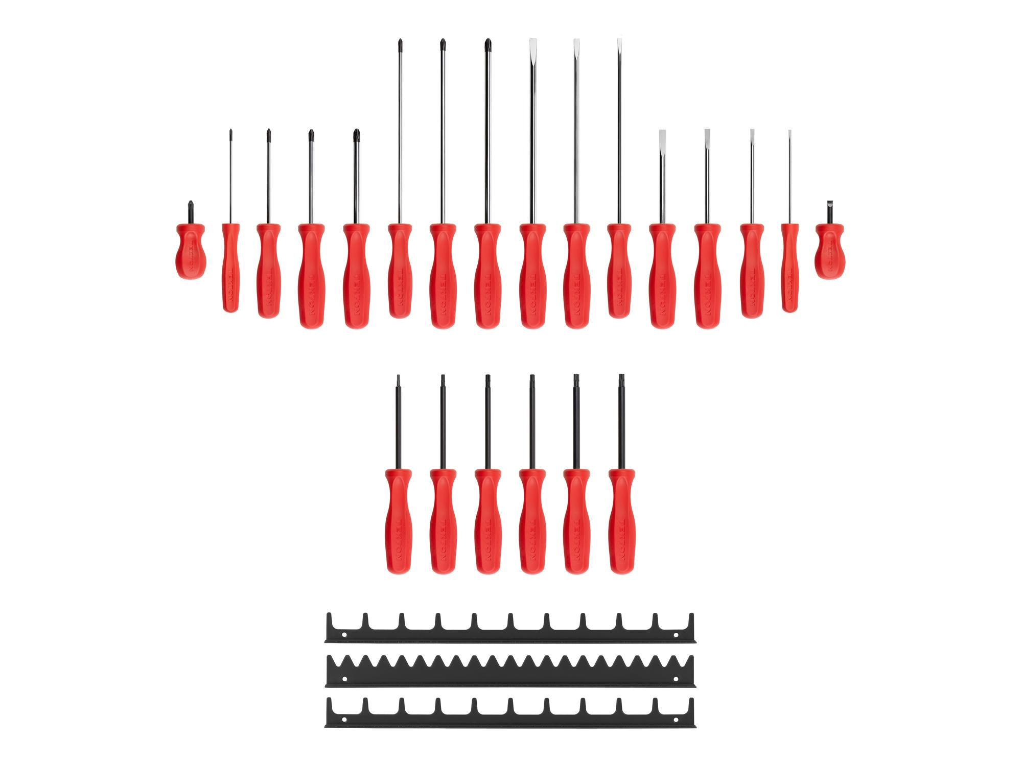Laid out contents of Tekton black rails screwdriver set. Item #DRV44500