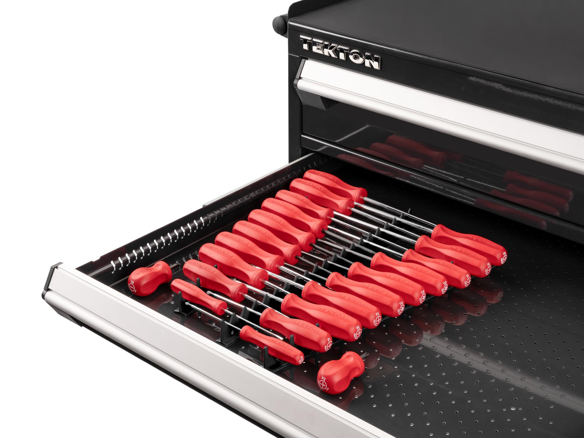 Front angled view of Tekton black rails screwdriver set in a tool cabinet drawer. Item #DRV44500