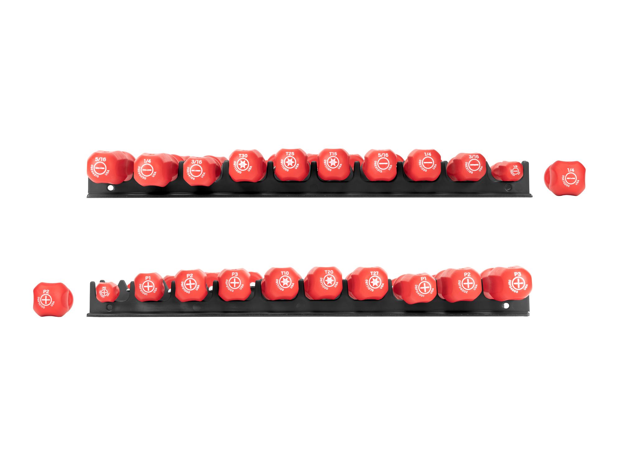 Side view of Tekton black rails screwdriver set. Item #DRV44500