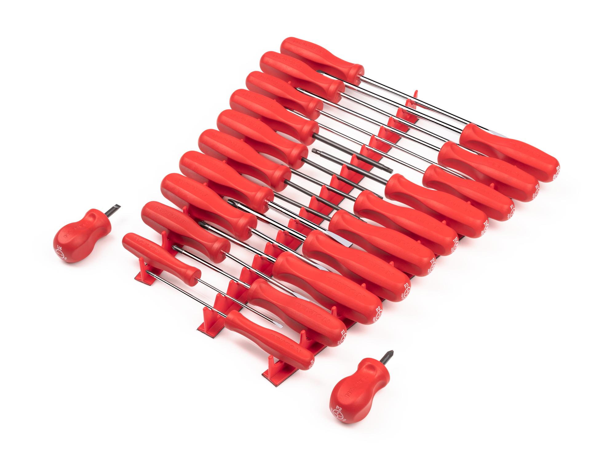 Front-right angle view of Tekton red rails screwdriver set. Item #DRV44501