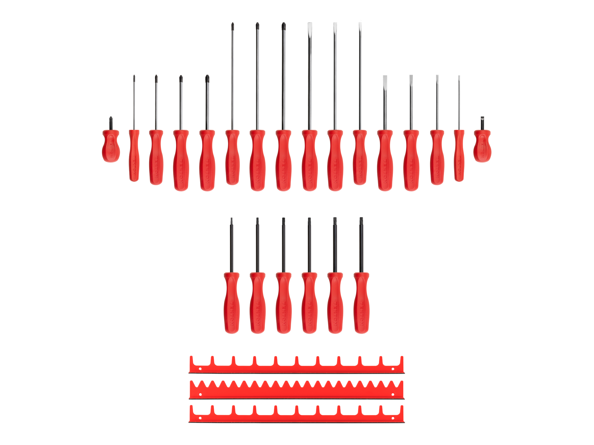 Includes: #0-3 (Phillips), 1/8-5/16 inch (slotted/flathead), T10-T30 (Torx) screwdrivers with red rails. Chrome blades and square handle. Made in USA.