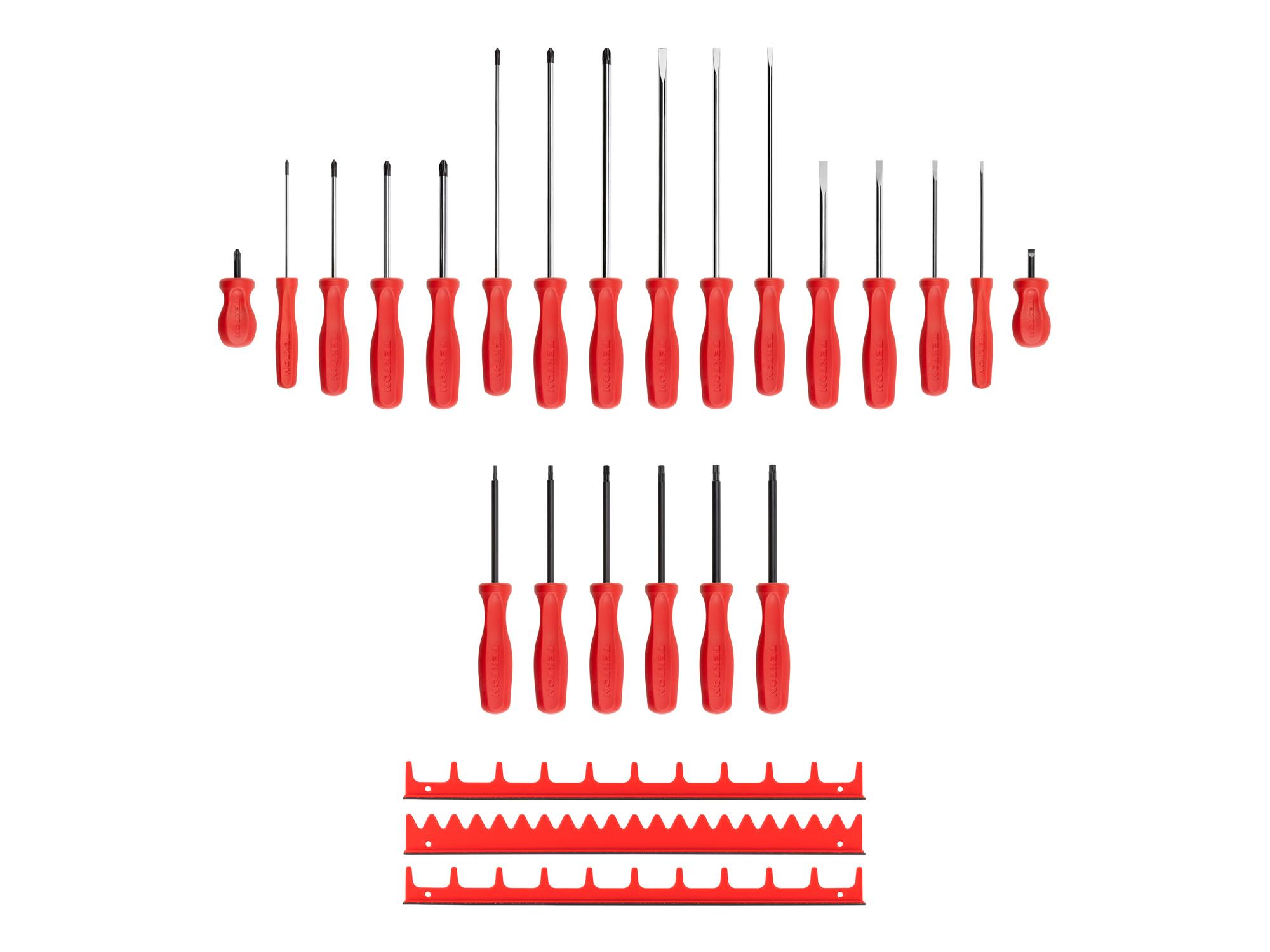 Laid out contents of Tekton red rails screwdriver set. Item #DRV44501