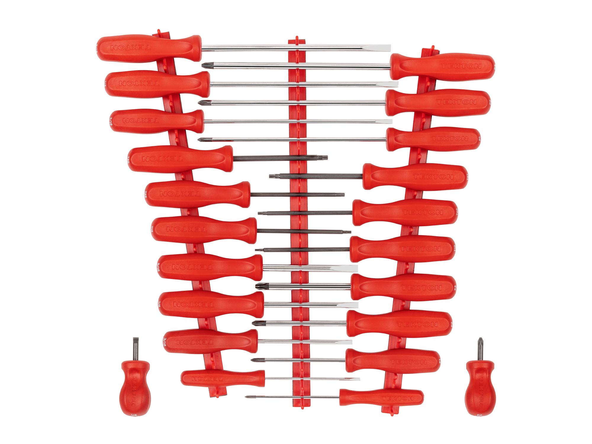 TEKTON Hard Handle Screwdriver Set with Red Rails, 22-Piece (#0-#3, 1/8-5/16 in., T10-30)