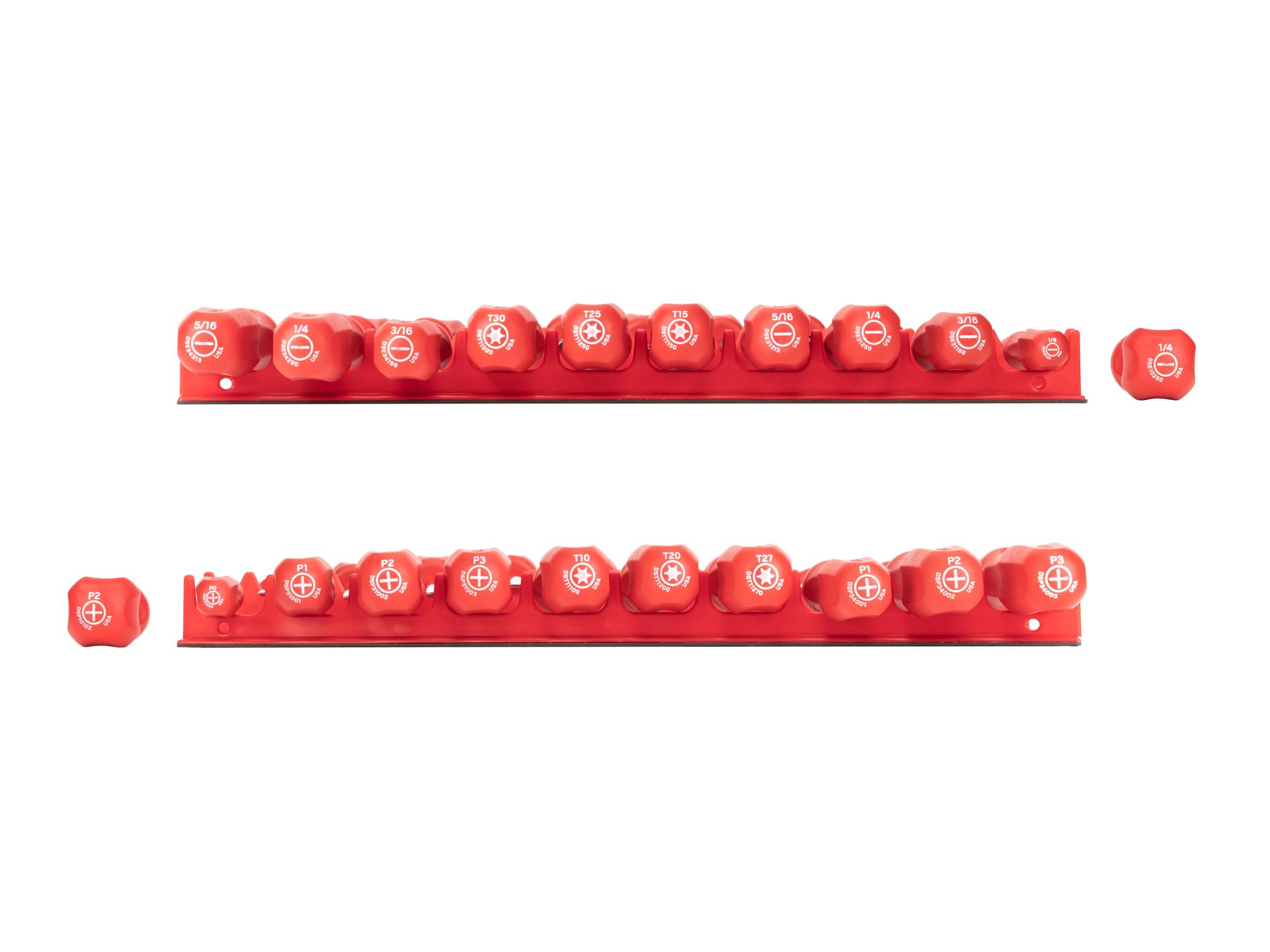 Side view of Tekton red rails screwdriver set. Item #DRV44501