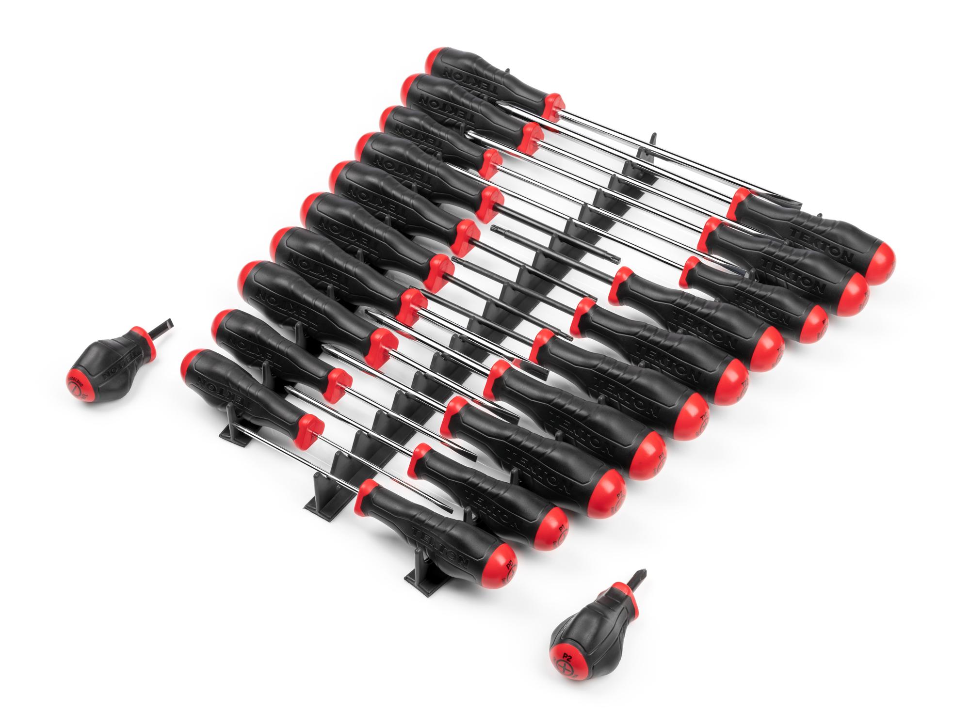 Front-right angle view of  Tekton black rails screwdriver set. Item #DRV45500