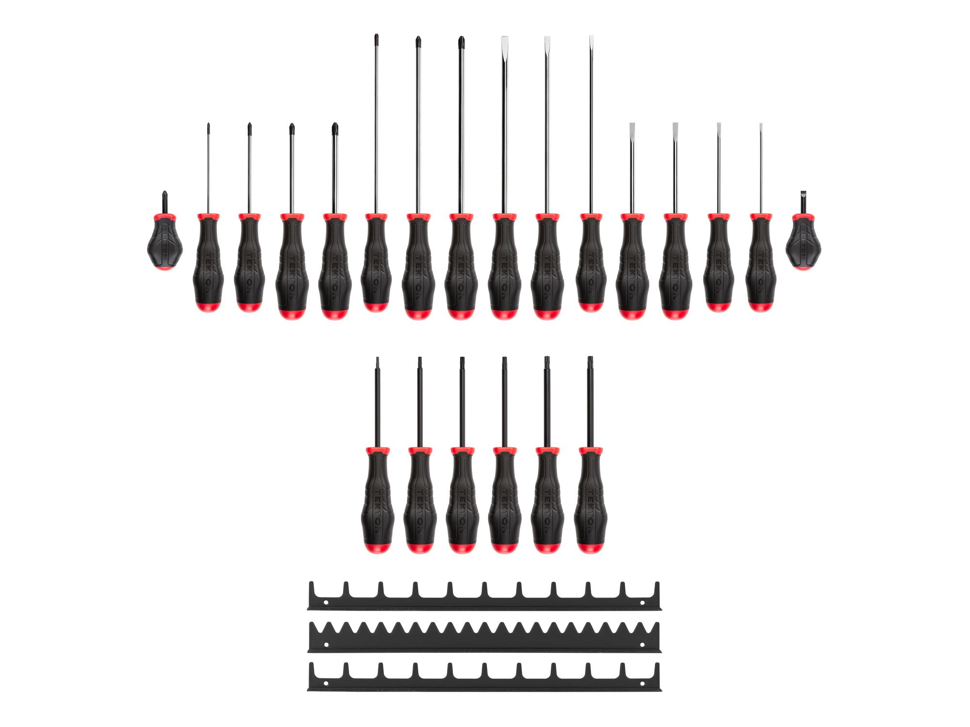 Laid out contents of Tekton black rails screwdriver set. Item #DRV45500