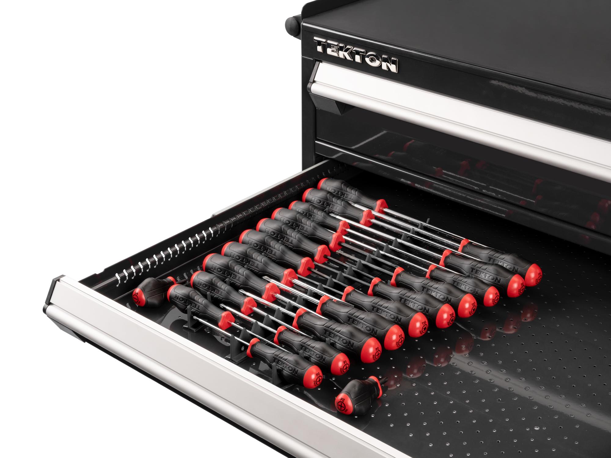 Front angled view of Tekton black rails screwdriver set in a tool cabinet drawer. Item #DRV45500