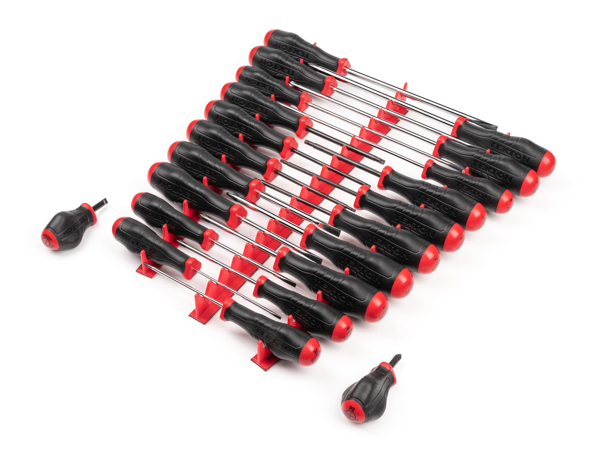 Front-right angle view of  Tekton red rails screwdriver set. Item #DRV45501