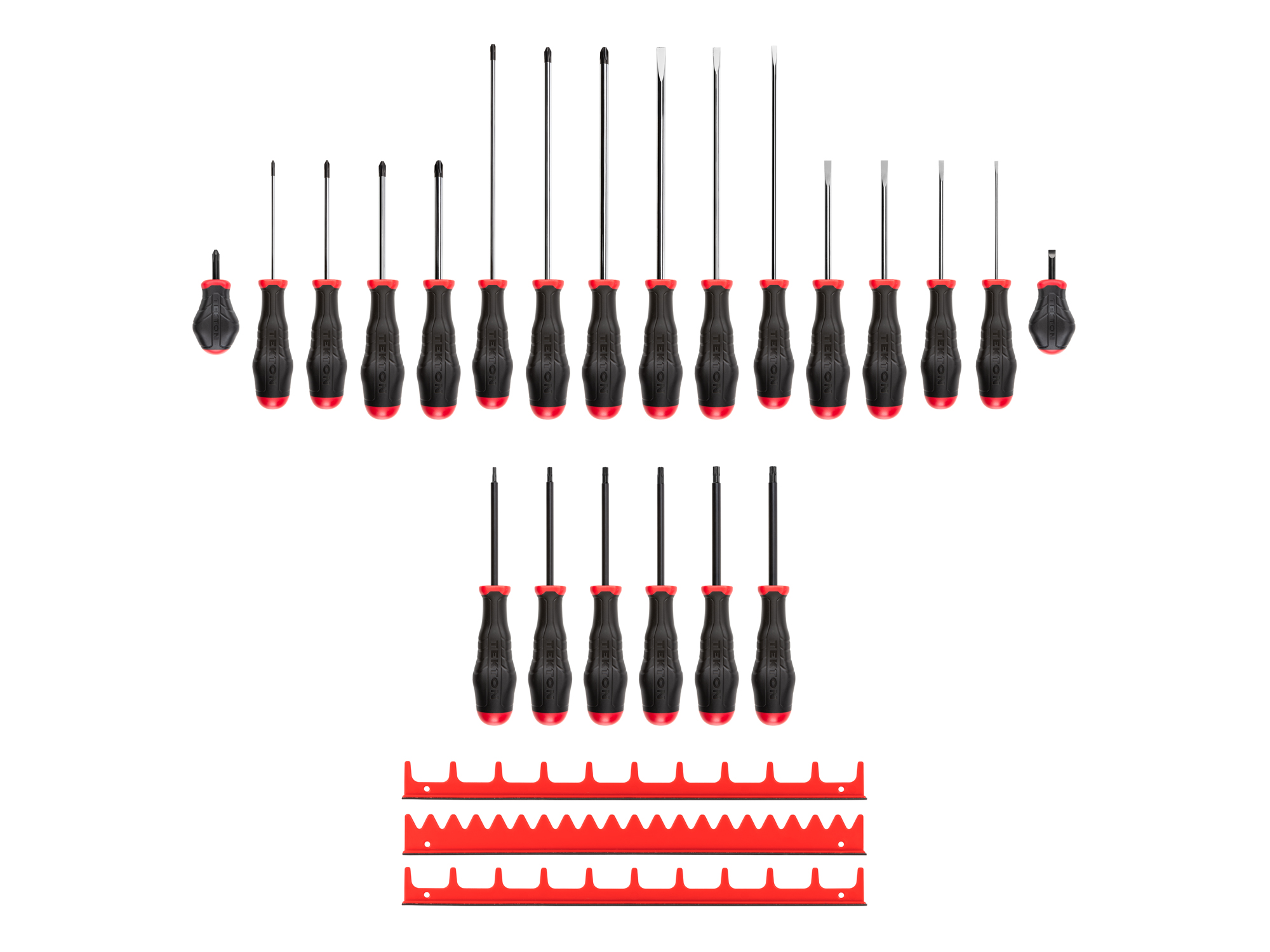 Includes: #0-#3 (Phillips), 1/8-5/16 inch (slotted/flathead), T10-30 (Torx) screwdrivers with black rails. High-torque handles. Made in USA.