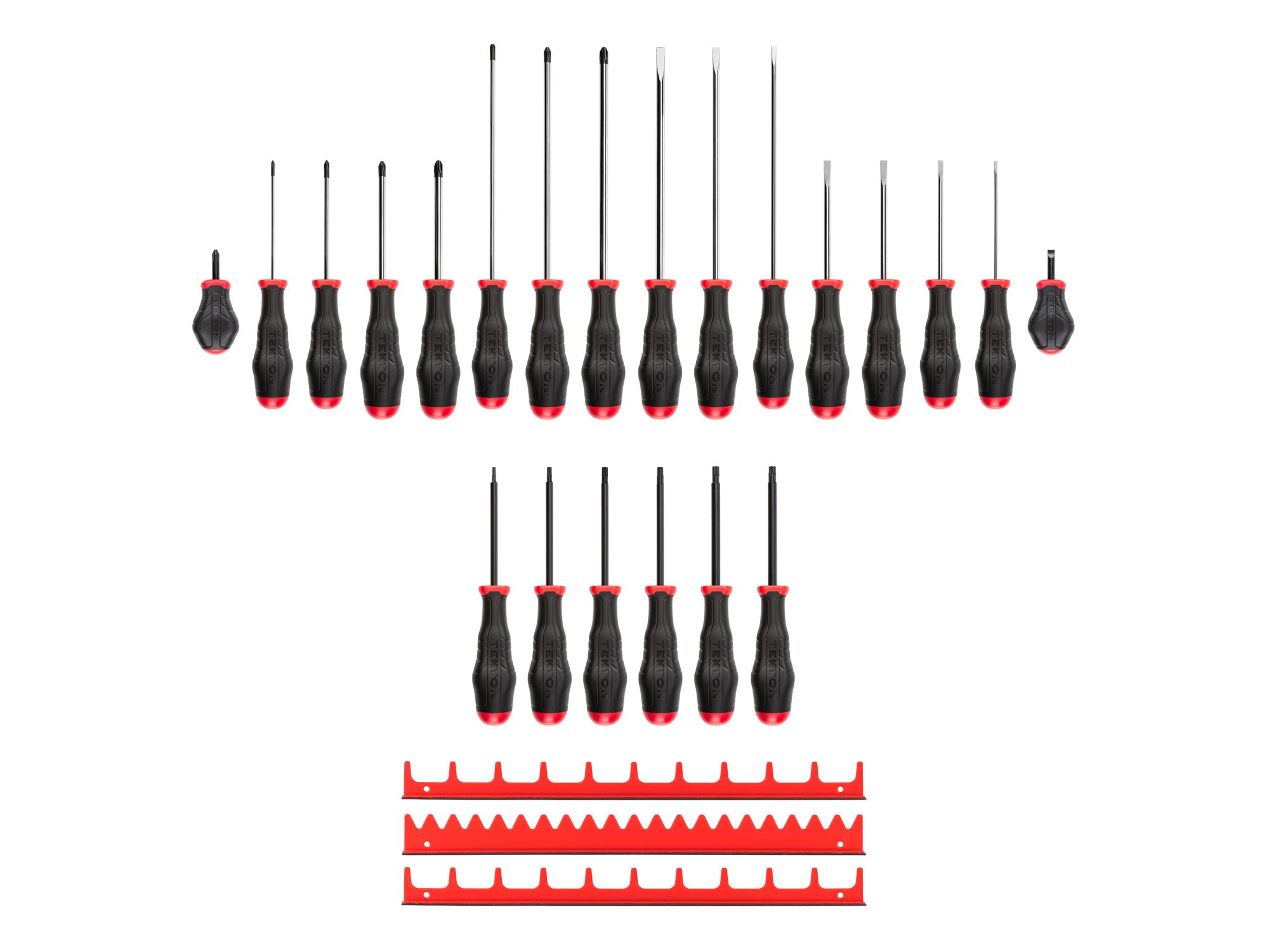 Laid out contents of Tekton red rails screwdriver set. Item #DRV45501