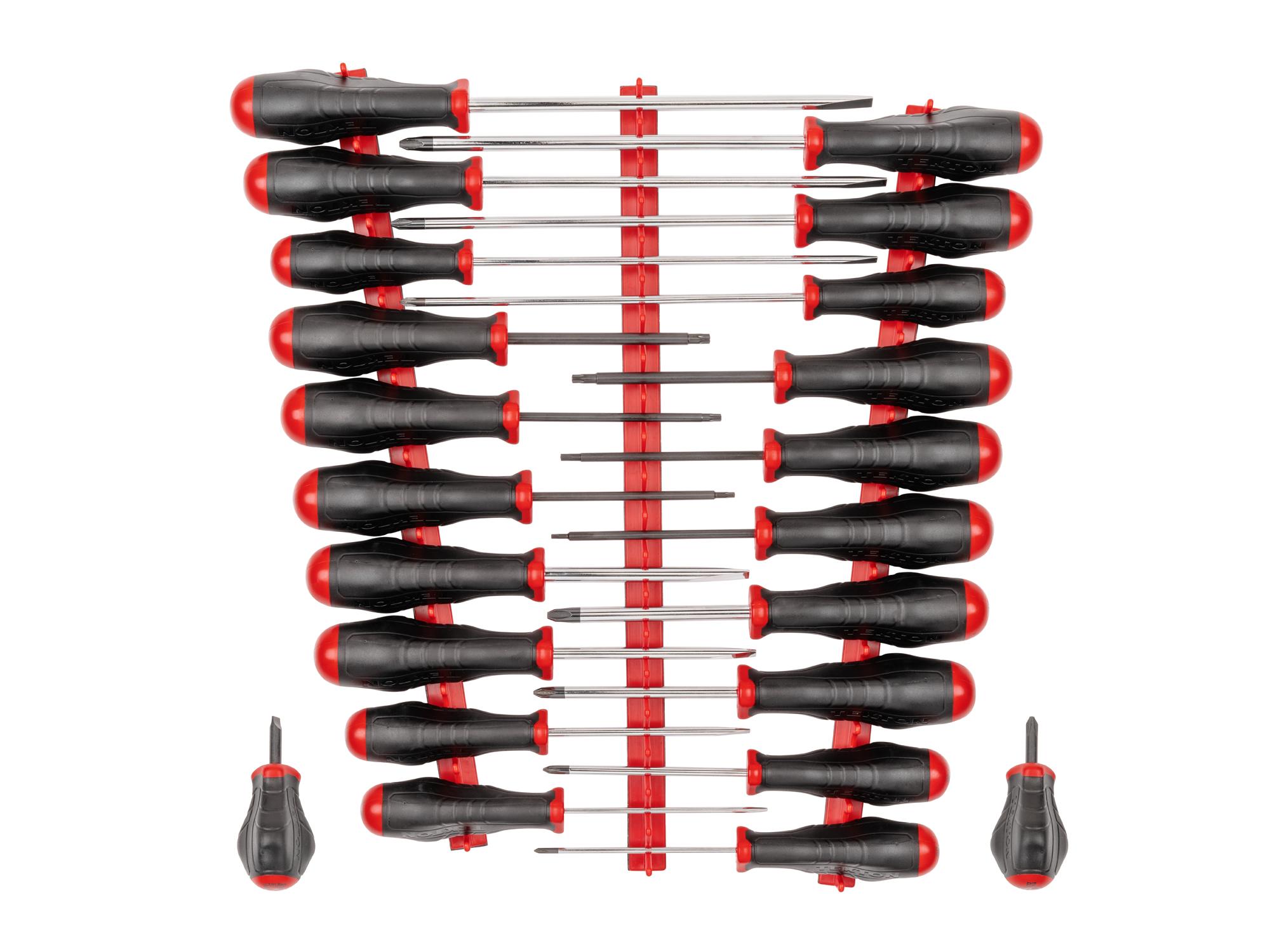 Front view of  Tekton red rails screwdriver set. Item #DRV45501