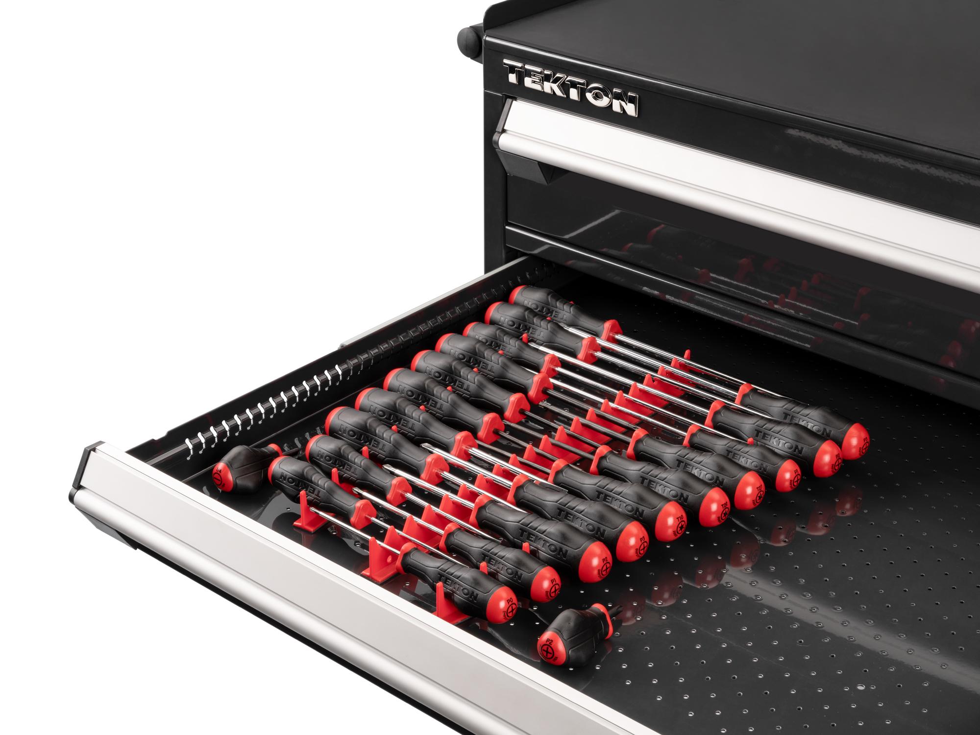 Front angled view of Tekton red rails screwdriver set in a tool cabinet drawer. Item #DRV45501